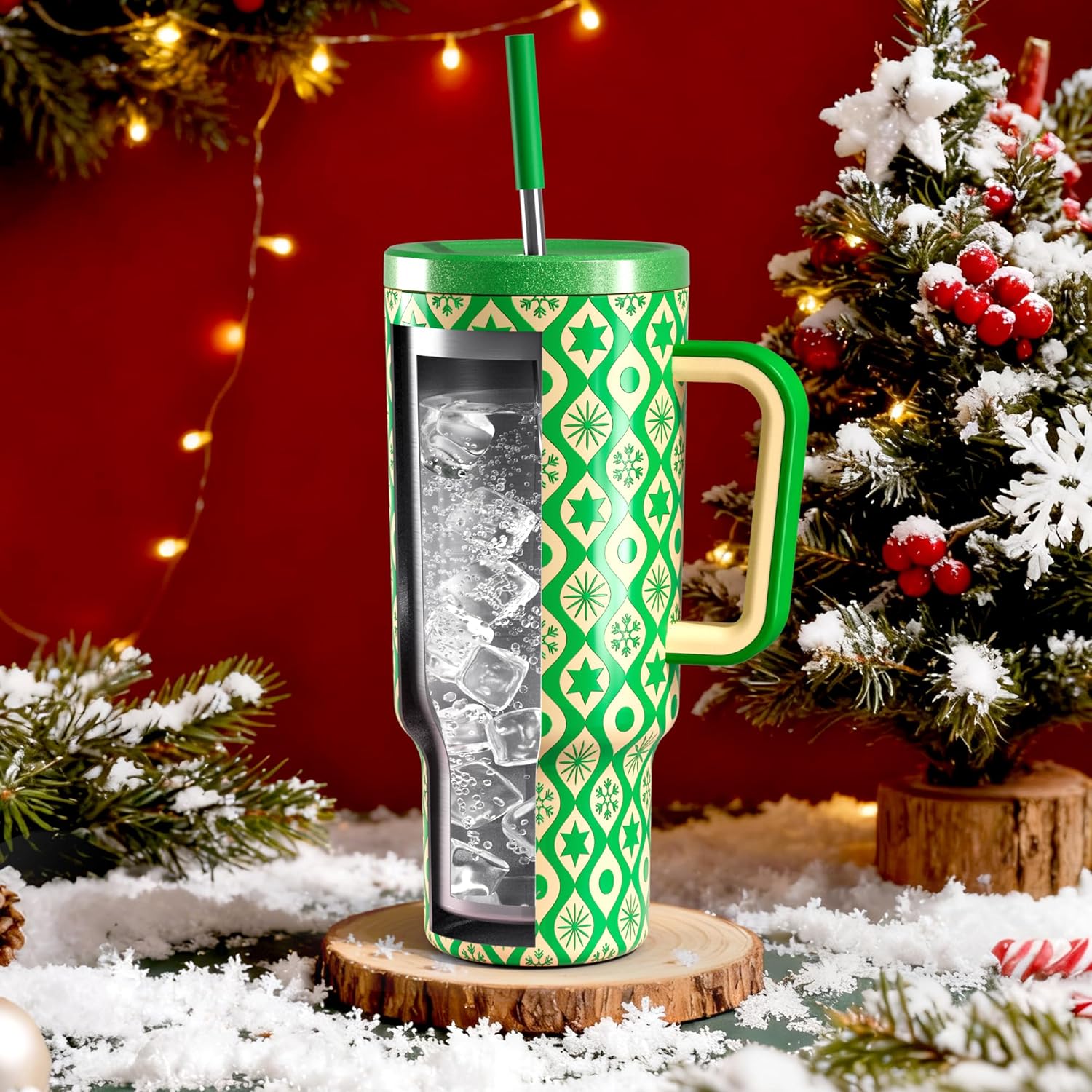 Meoky 40 oz Christmas Tumbler with Handle and Straw, Xmas Tumbler with Lid and Straw, Insulated Stainless Steel Travel Mug, Christmas Gifts for Women Men Adults (Emerald Cheer) - Image 2