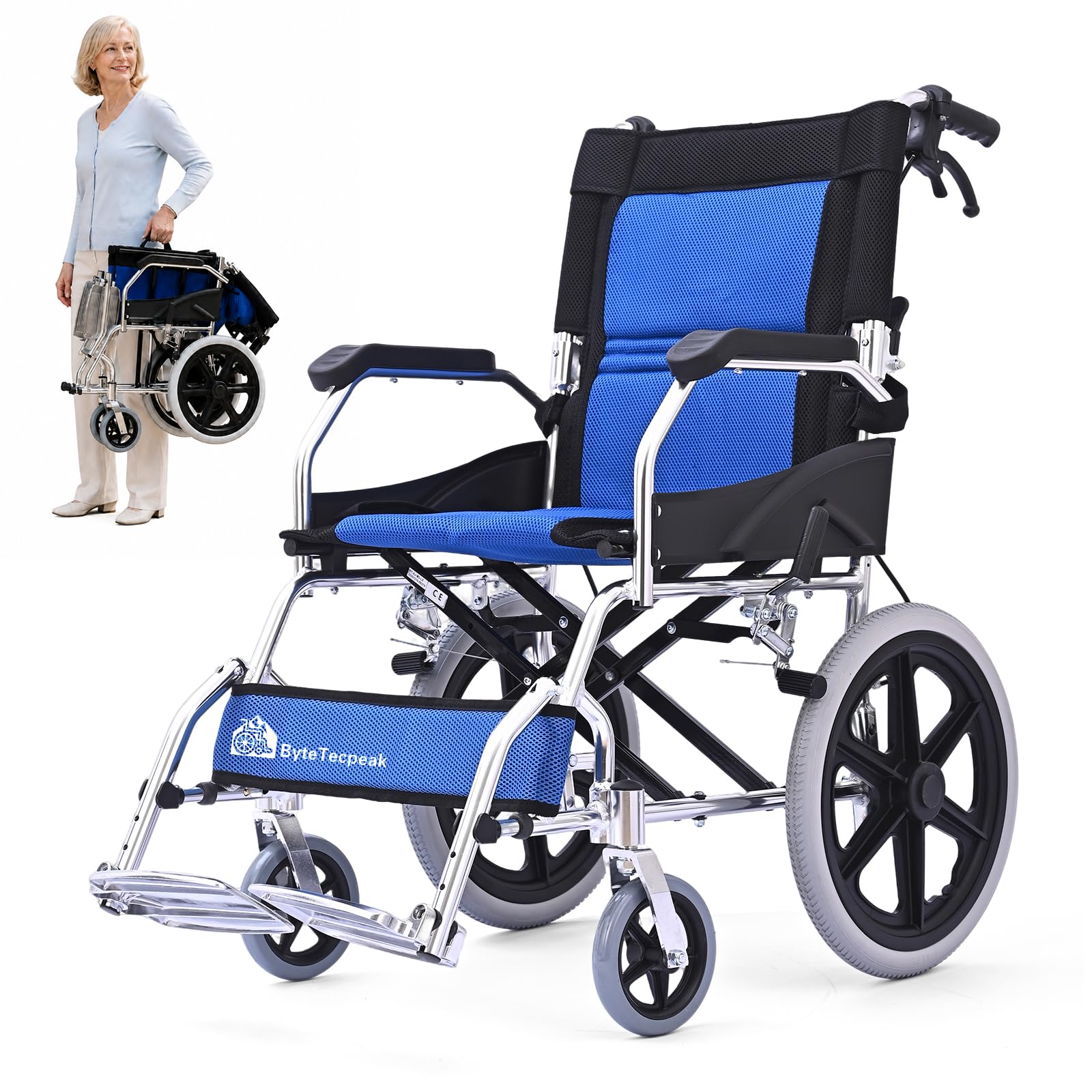 M3 Silla de Ruedas Plegable para Adulto, Ligera y Fácil de Transportar, Doble Sistema de Freno, Reposapiés Plegables, Soporta 100 kg, Ideal para Mayores y Usuarios con Movilidad Reducida