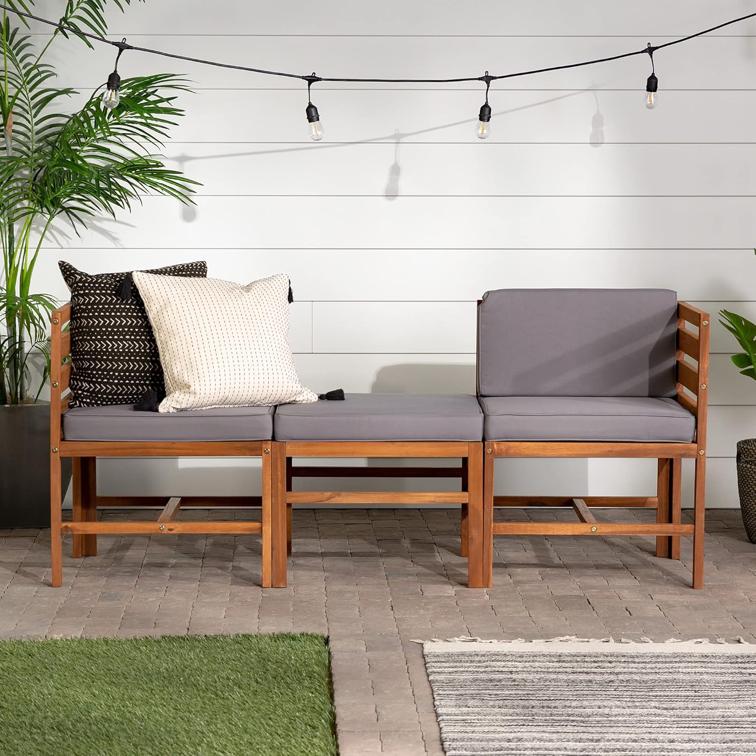 Walker Edison Ravello Contemporary 3 Piece Acacia Wood Outdoor Modular Chat Set with Cushions, Set of 3, Brown : Patio, Lawn & Garden