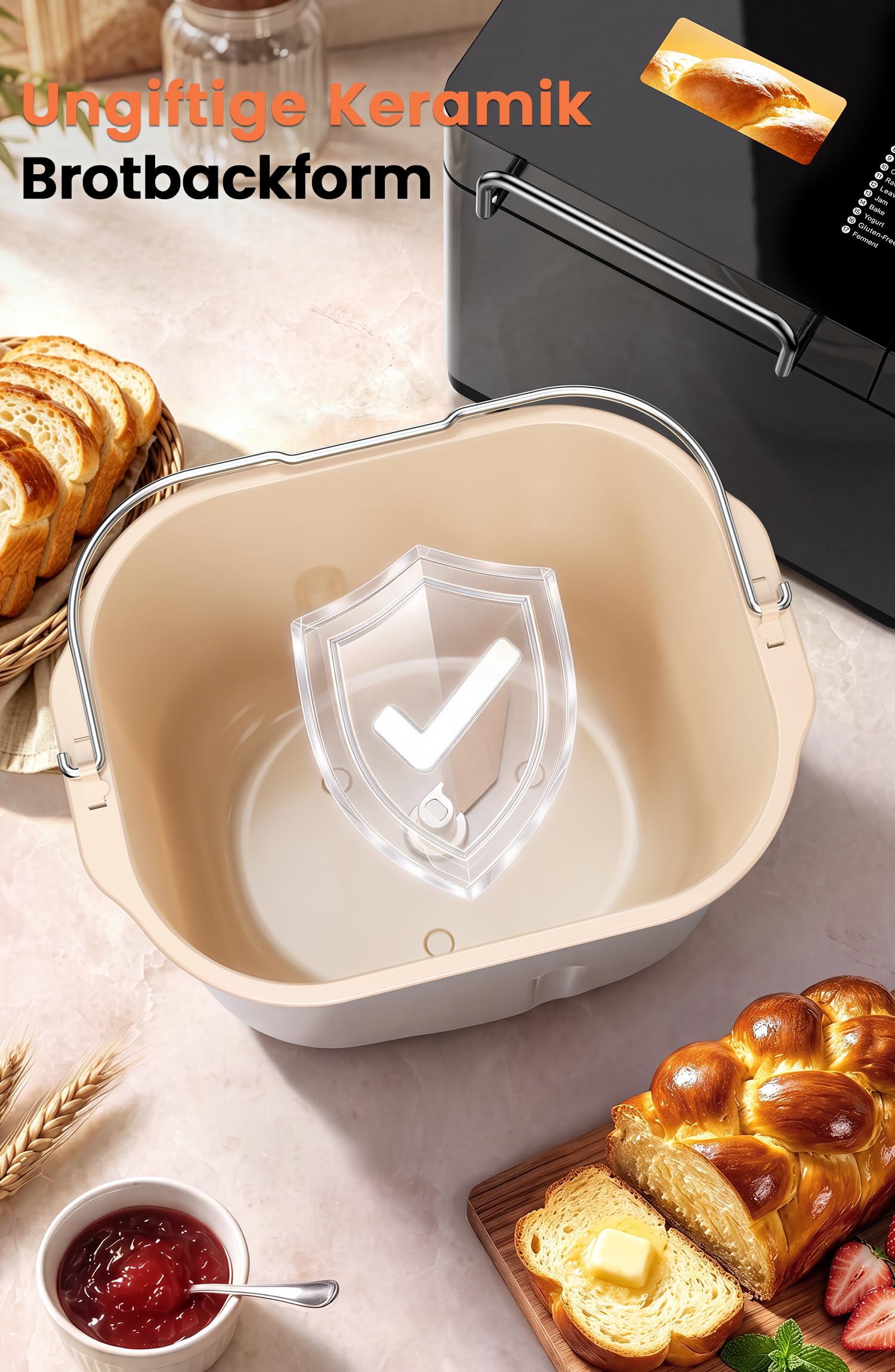 710W Konvektie Panificadora con tubos de calefacción doble, Forma de cerámica, Bandeja de ingredientes, Pantalla táctil, Panificadora de acero inoxidable 1kg, 17 Programas, sin gluten, masa