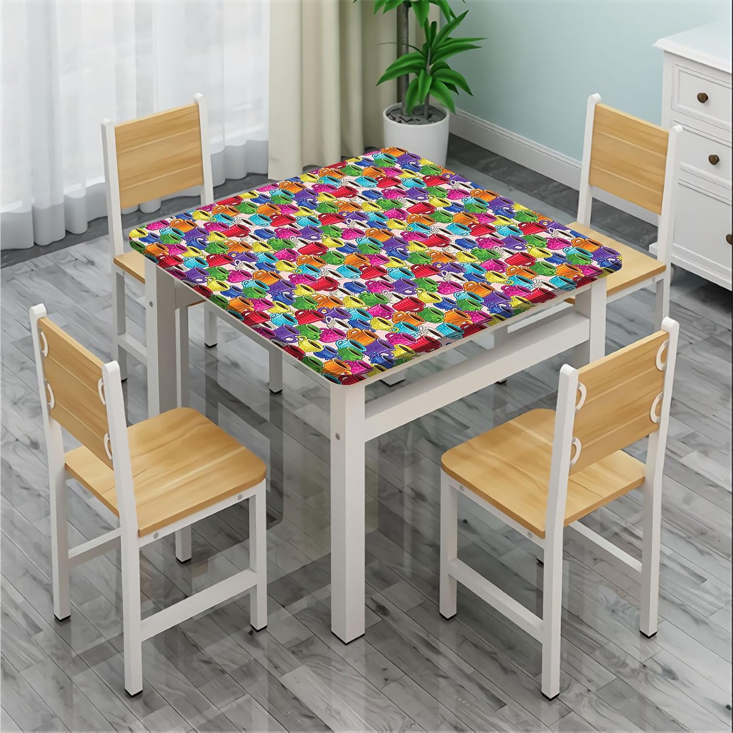 Cartoon Elastic Edged Tablecloth, Colorful Coffee House Modern Vintage Retro Home Decorative Tablecloths, Fits 44x44 inch Table, Great for Home Kitchen/Parties/Holiday Dinner, Multicolor