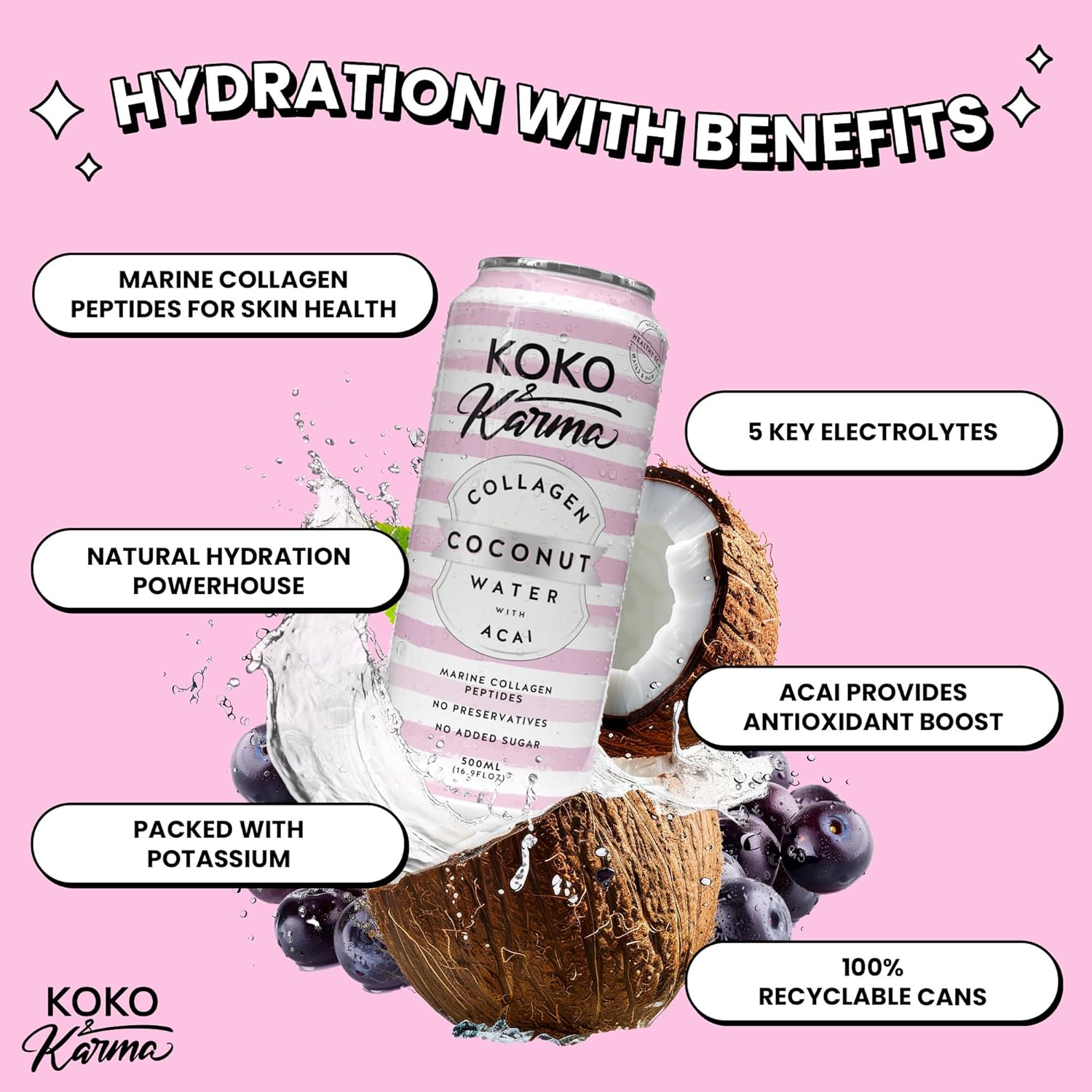 Koko & Karma - Collagen Coconut Water with Acai - Marine Collagen Peptides with No Preservatives and No Added Sugar - 12 Pack - 16.9 Ounce Cans