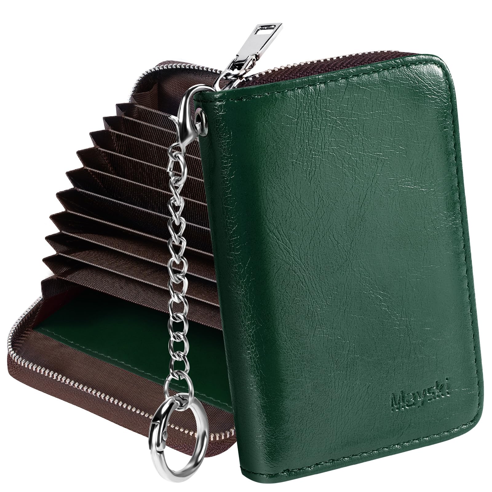 Mayski Credit Card Holder, Zipper Credit Card Wallet for Women, Small Accordion Card Cases Holder, KeyChain Wallet, Business Card Holder, Dark Green