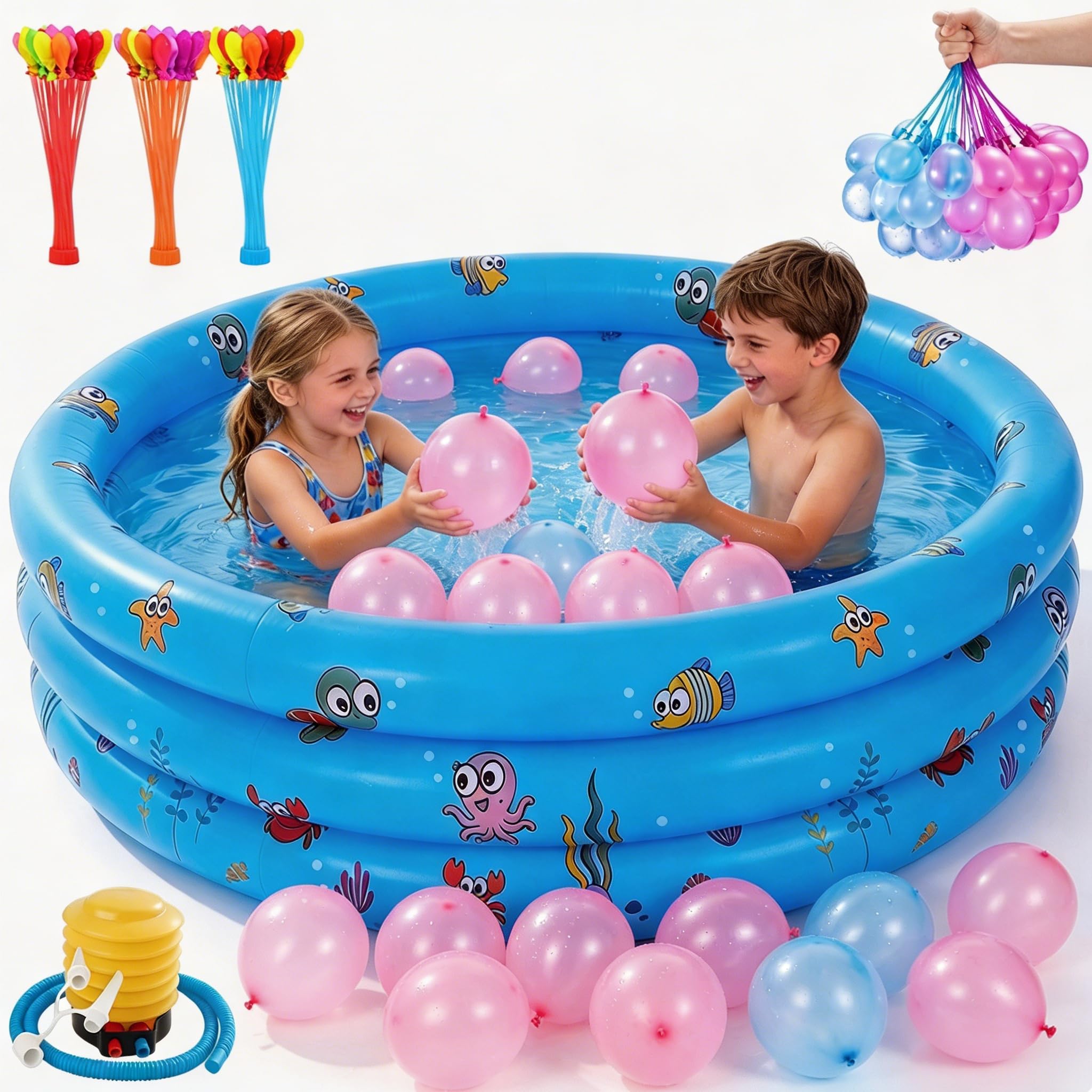 NACOOL Alberca Inflable Infantil, Mini Piscina Redonda Infantil 3 Niveles, con Bomba de Pie y Globos de Agua, Alberca para Niños para Piscina Hinchable Familiar En El Patio Trasero (130 * 40 cm)