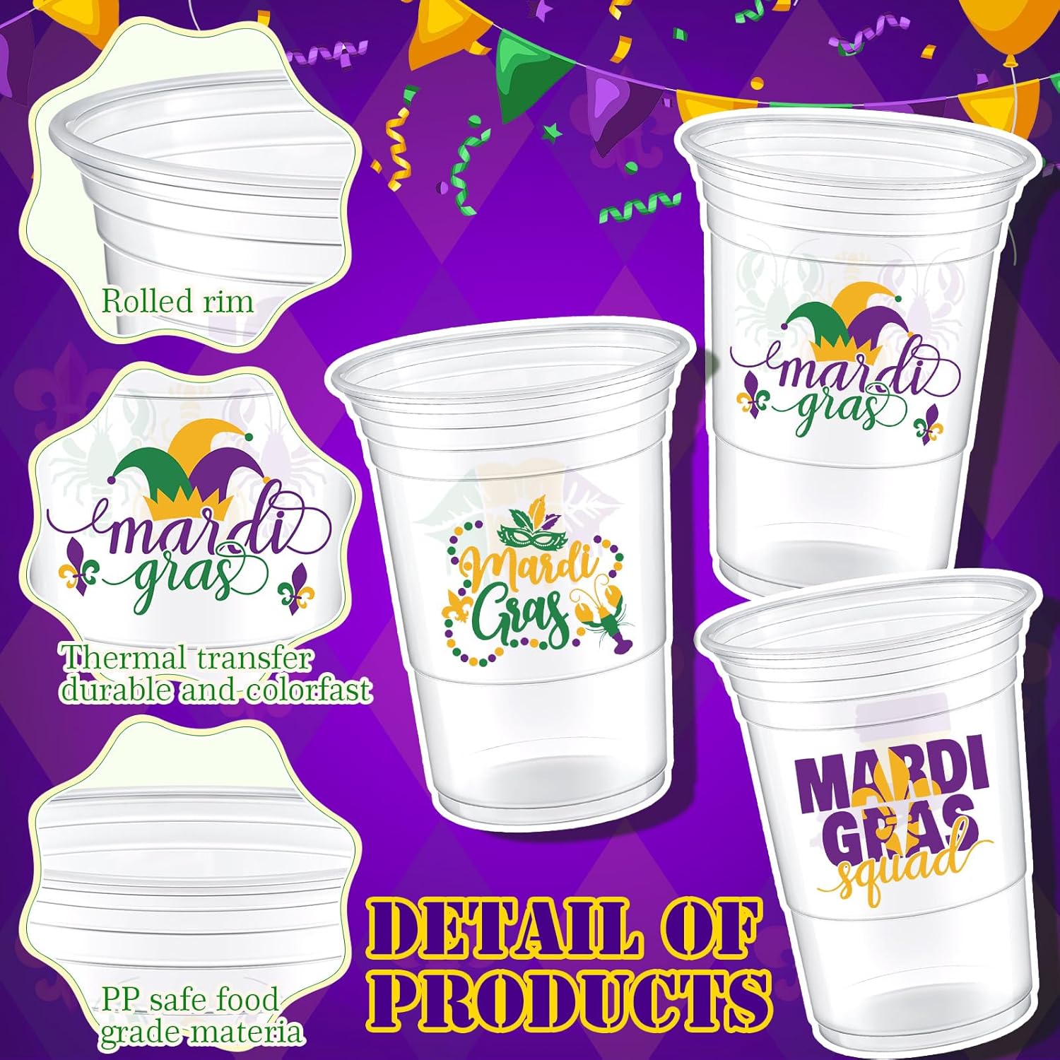 Remerry 180 Pcs Mardi Gras Cups, 16 oz Disposable Thick Plastic Double-sided Pattern Carnival Party Supplies, Colorful Throw Cups for Mardi Gras Celebration - 3 Styles(Clear)