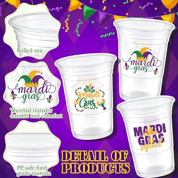 Remerry 180 Pcs Mardi Gras Cups, 16 oz Disposable Thick Plastic Double-sided Pattern Carnival Party Supplies, Colorful Throw Cups for Mardi Gras Celebration - 3 Styles(Clear)