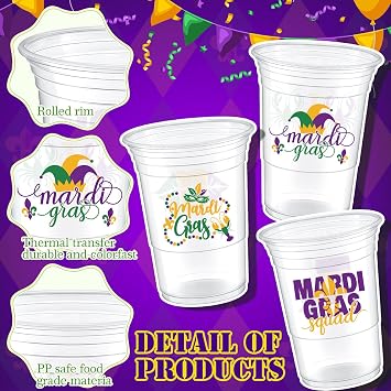 Remerry 180 Pcs Mardi Gras Cups, 16 oz Disposable Thick Plastic Double-sided Pattern Carnival Party Supplies, Colorful Throw Cups for Mardi Gras Celebration - 3 Styles(Clear)