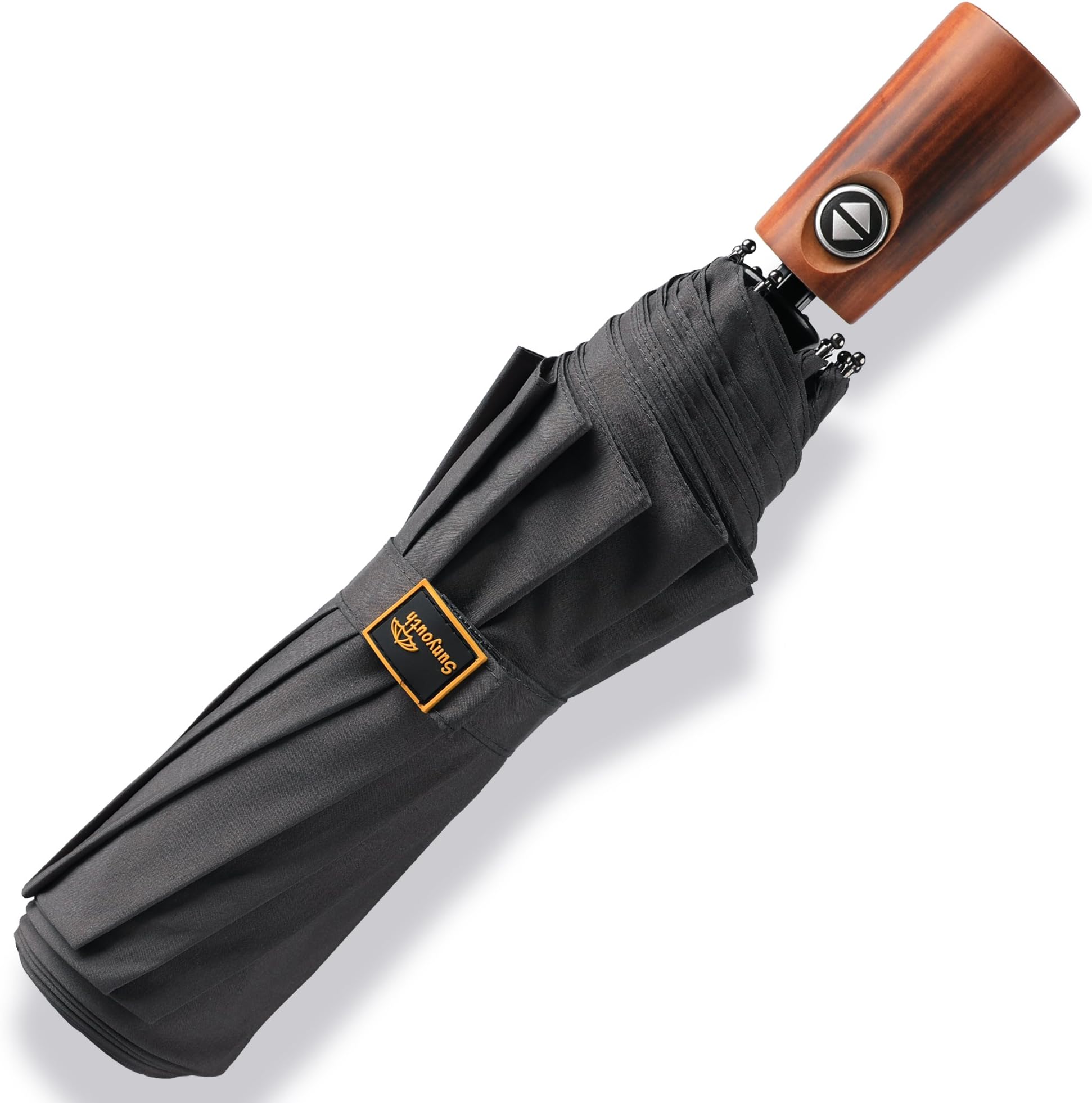 Windproof Travel Umbrella, Automatic Compact Rain Umbrella with Wood Handle for Men Women and Family-Easy Touch Auto Open Close-10 Ribs Durable Construction