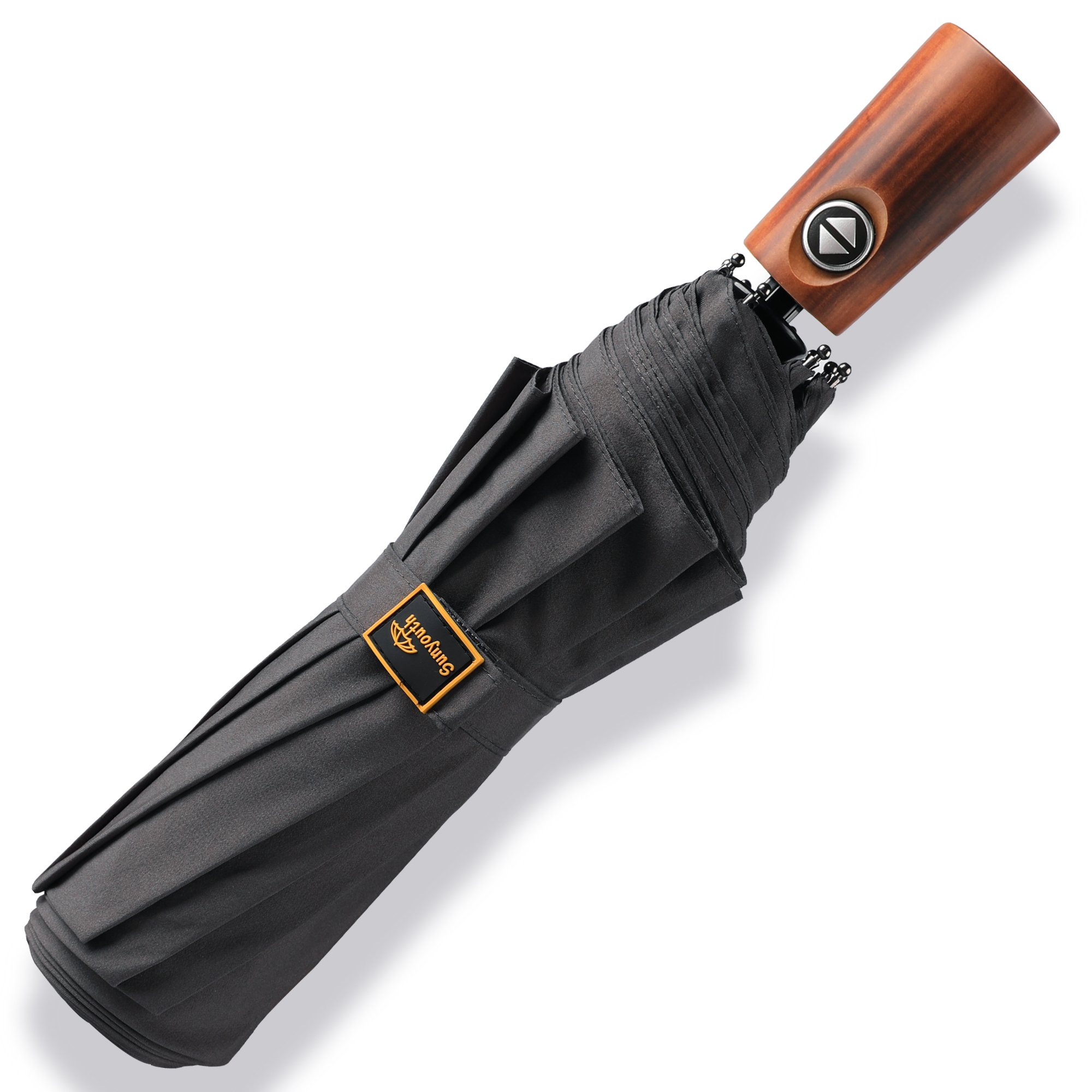 Windproof Travel Umbrella, Automatic Compact Rain Umbrella with Wood Handle for Men Women and Family-Easy Touch Auto Open Close-10 Ribs Durable Construction