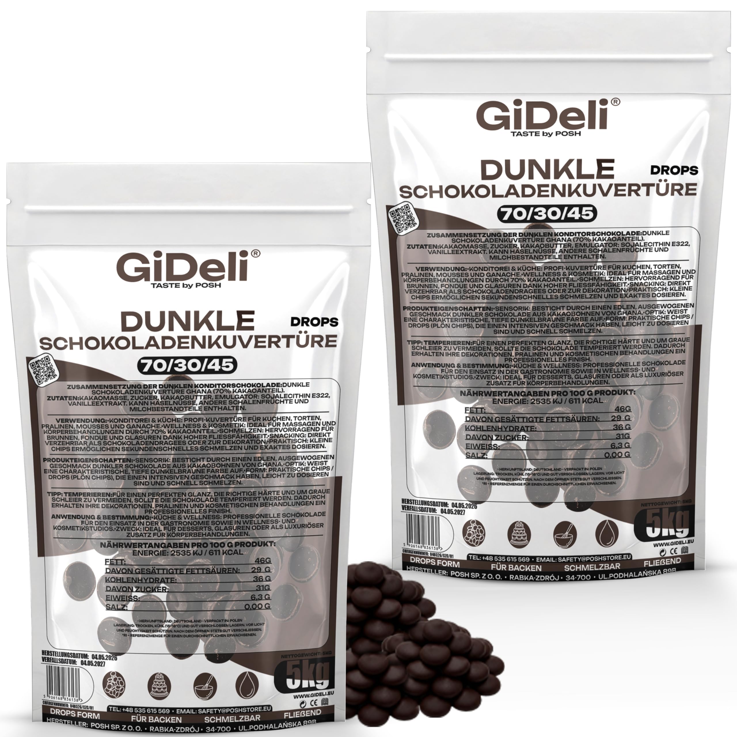 GiDeli Dunkle Schokoladenkuvertüre 70% Drops 2x5kg - Professionelle Zartbitterschokolade zum Temperieren - Kakao aus Ghana - Fließfähigkeit 45 - Ideal für Torten, Pralinen & Ganache