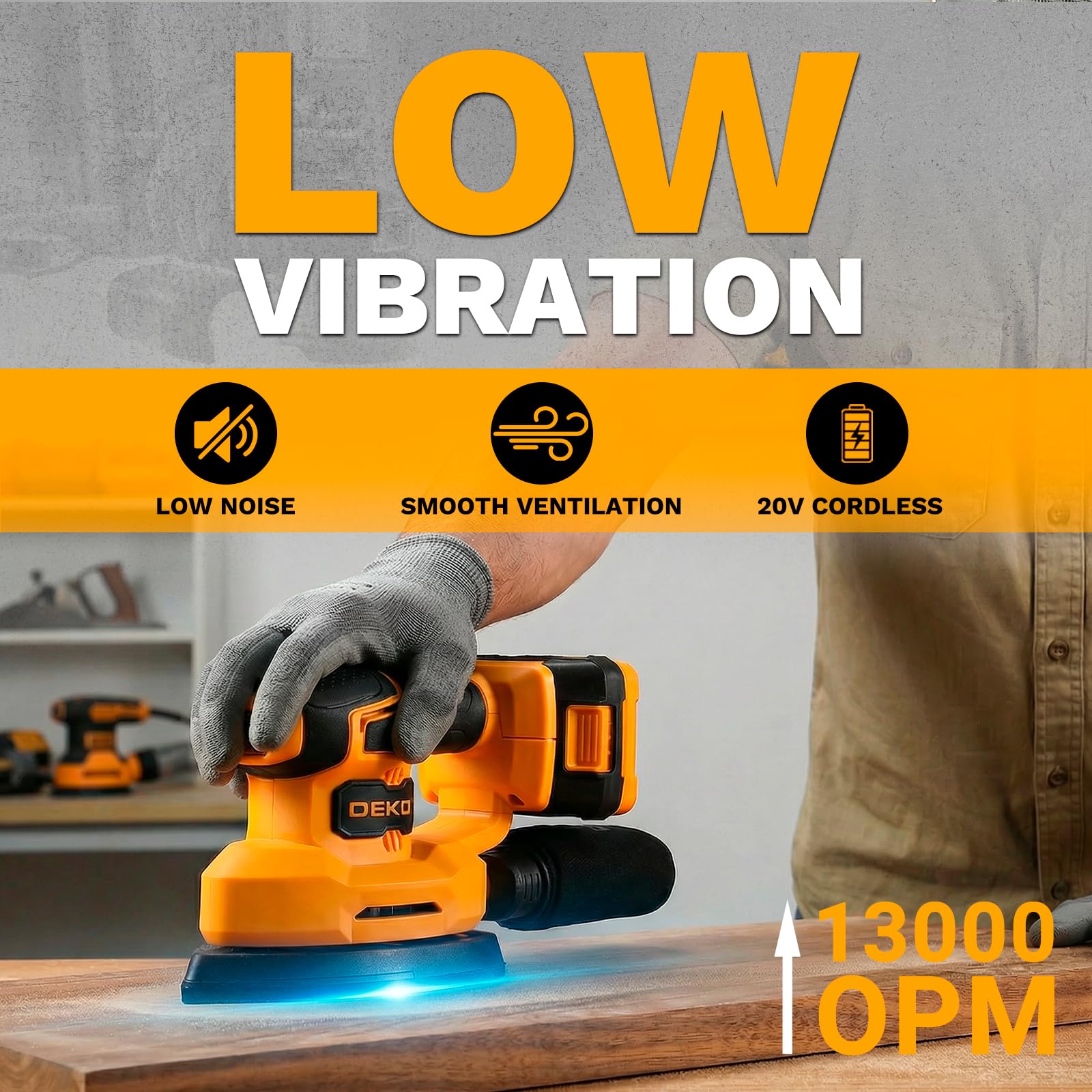 Levigatrice Mouse per Legno: DEKOPRO 20V Multifunzione Levigatrice Palmare con Batteria 13000 RPM, 3 Accessori Aggiuntivi 12PCS Carte Vetrata - per Levigare in Falegnameria e DIY Giallo e Nero