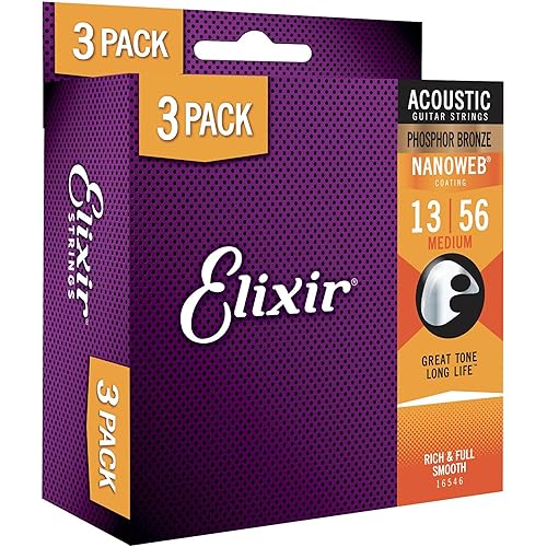 Elixir® Strings 16546 Acoustic Phosphor Bronze Guitar Strings with NANOWEB® Coating, 3 Pack, Medium (.013-.056)
