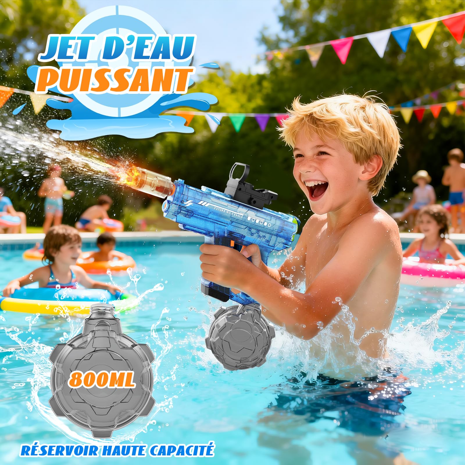 Pistolet à Eau éLectrique, Pistolet à Eau Automatique avec Lampe LED, Jusqu'à 10 M De Portée, 800 ML Bouteille d'eau, Cadeaux pour Enfants et Adultes, Fête Extérieure Piscine Plage (Noir et Bleu)
