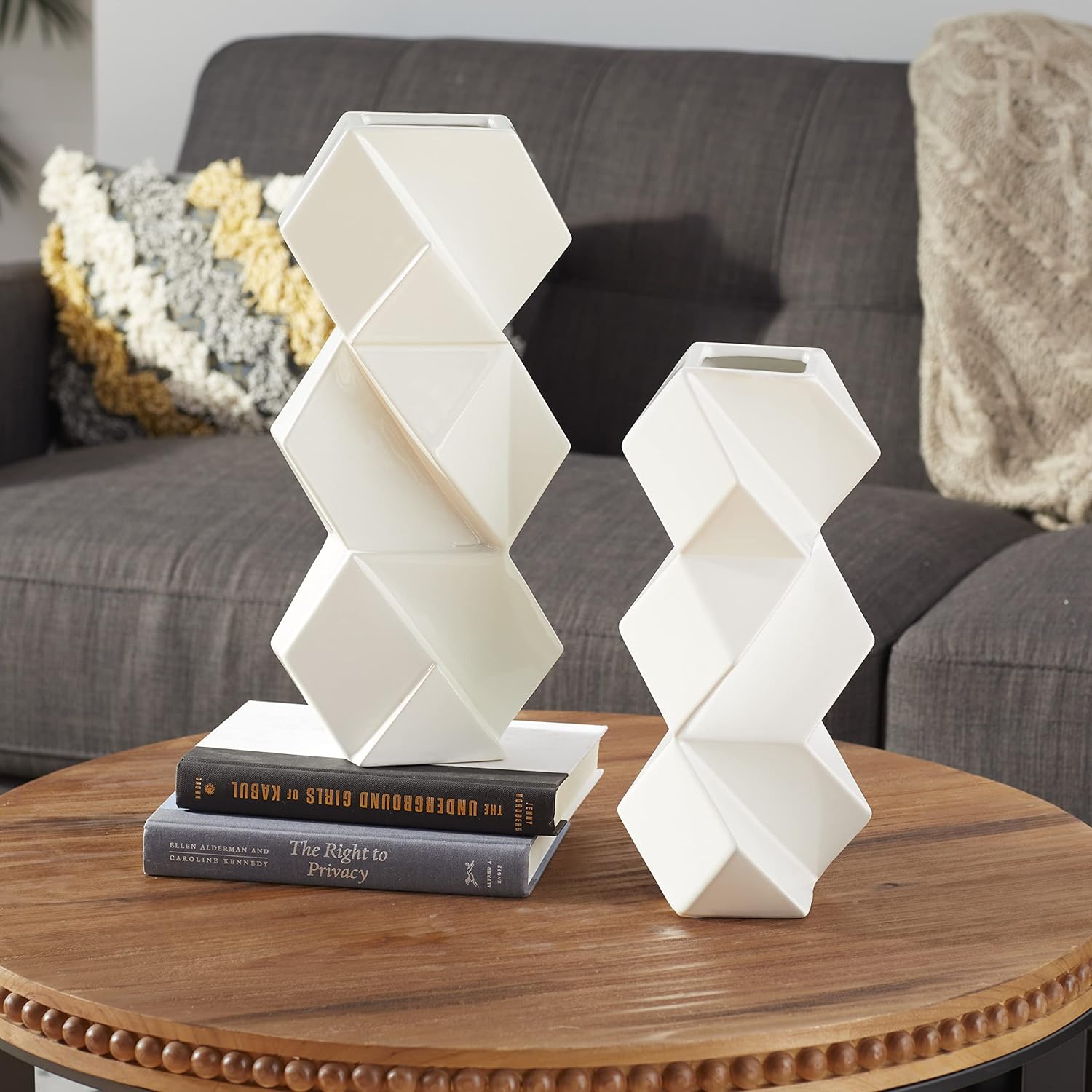 CosmoLiving by Cosmopolitan Ceramic Faceted Vase with Diamond Shapes, Set of 2 16", 13"H, White