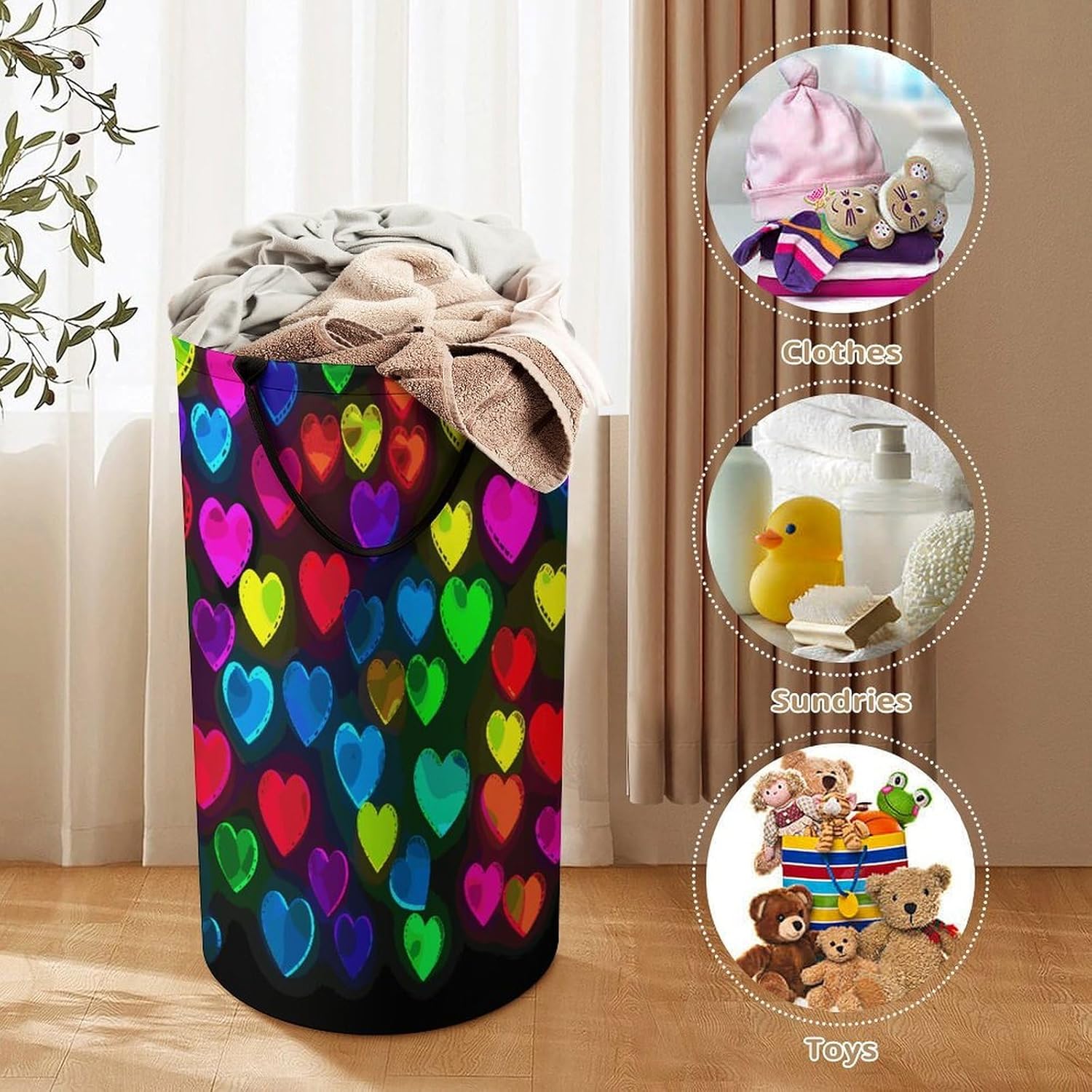 Rainbow HeartsLaundry Hamper - Large Dirty Clothes Bag.Storage Basket for Easy Carry Handles. Large Clothes Basket with Handles, Clothing Storage Bucket Toy Organizer for Bathroom Bedroom Dorm.