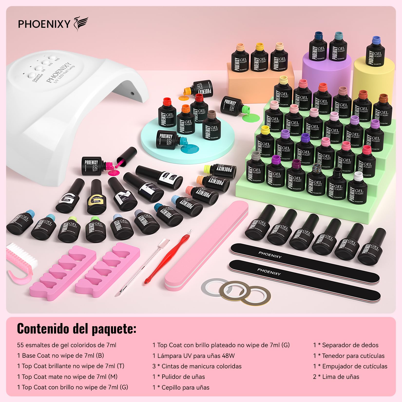 PHOENIXY Kit Uñas Semipermanentes Con Lámparas UV 55 Colors Esmaltes Semipermanentes Para Uñas 60 PCS Kit de Manicura Profesional Con 4 Capas Superiores de Efecto y Base Regalo Para Mujeres