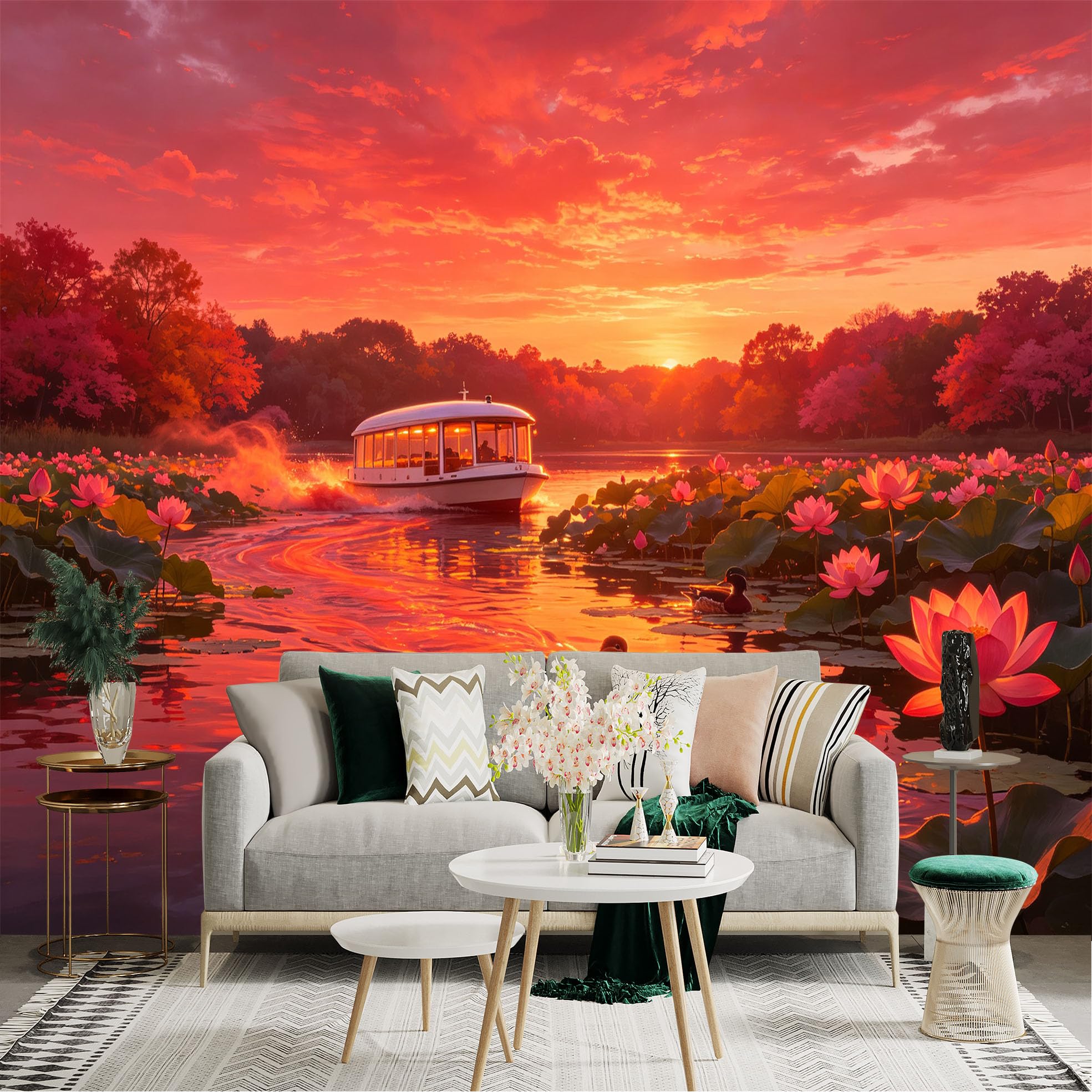 Custom Size Wall Sticker Mural， Sunset Over Lotus Pond with Boat and Ducks， Peaceful Nature Scenery， for wall Decoration， peelandstick wall Decals.