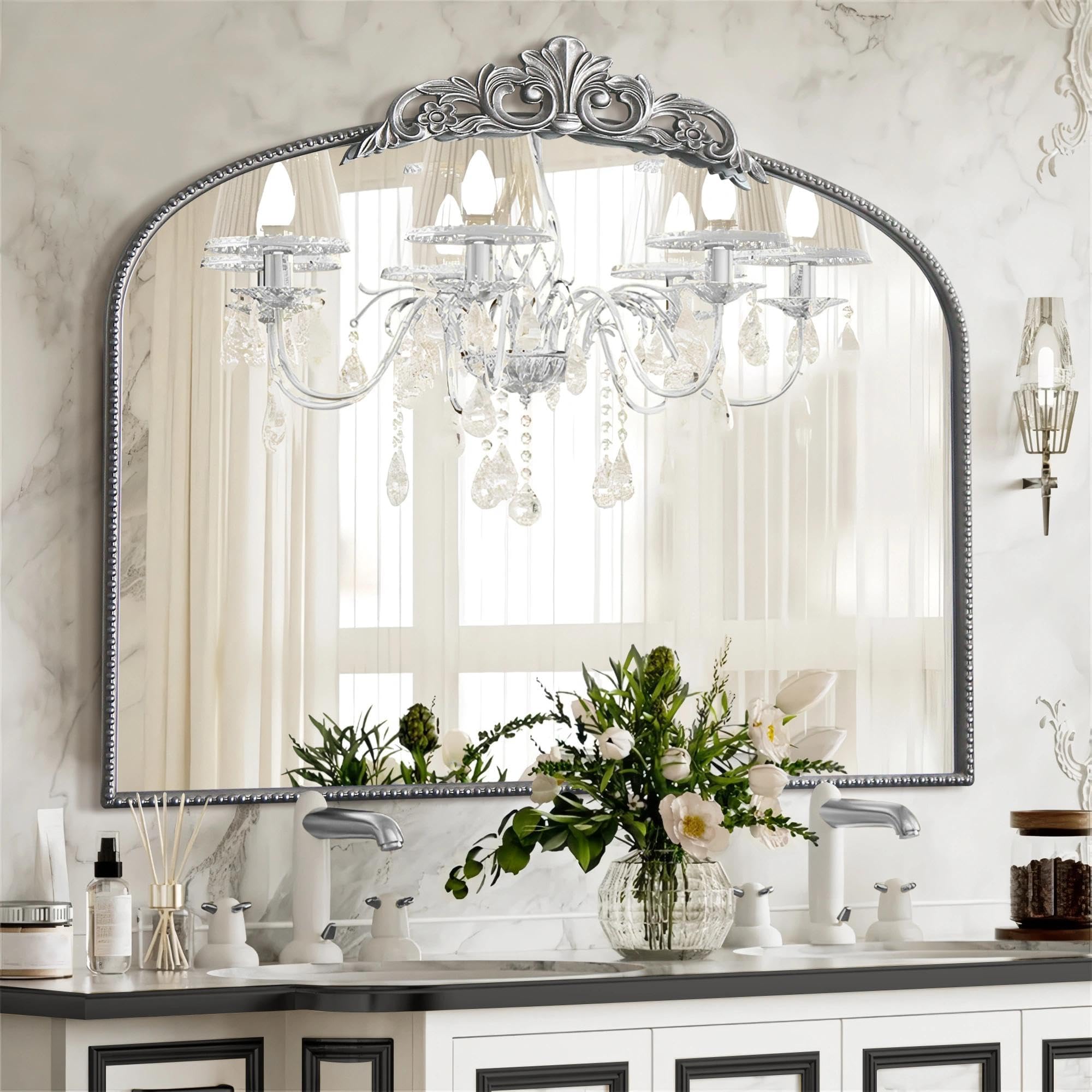 Micasso Antique Wall Silver Mirror: 40" x 30" French Baroque Vintage Mirror - Traditional Ornate Decorative Arched Mirrors for Wall/Bathroom/Entryway/Fireplace/Hallway - Home Decor for Living Room