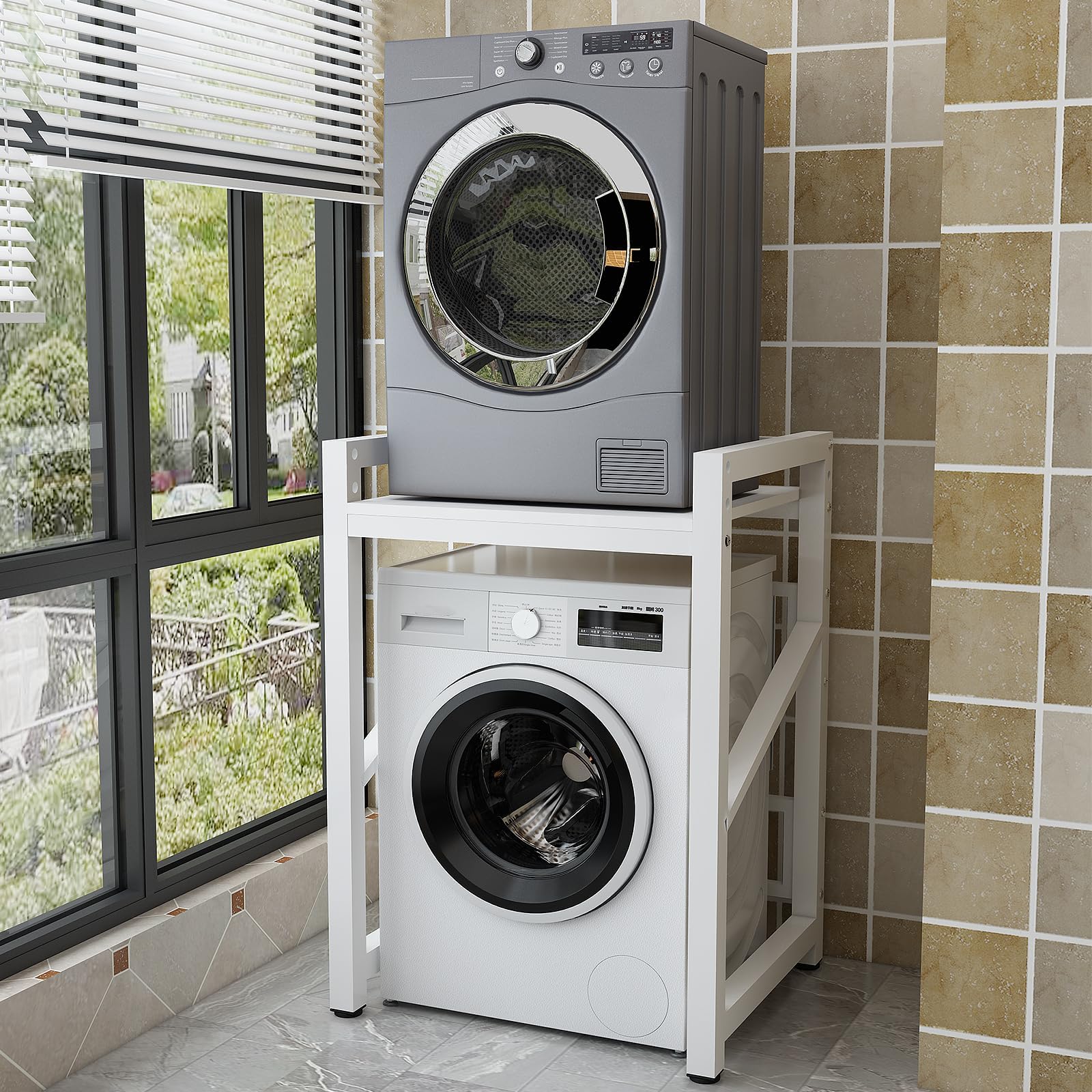 Washer Dryer Stand Stacking Kits, Tumble Dryer Stacking Kit, Washing Machine Storage Unit, Three Height Adjustable, Space Saving, for Bathrooms, Laundry and Kitchen (White)