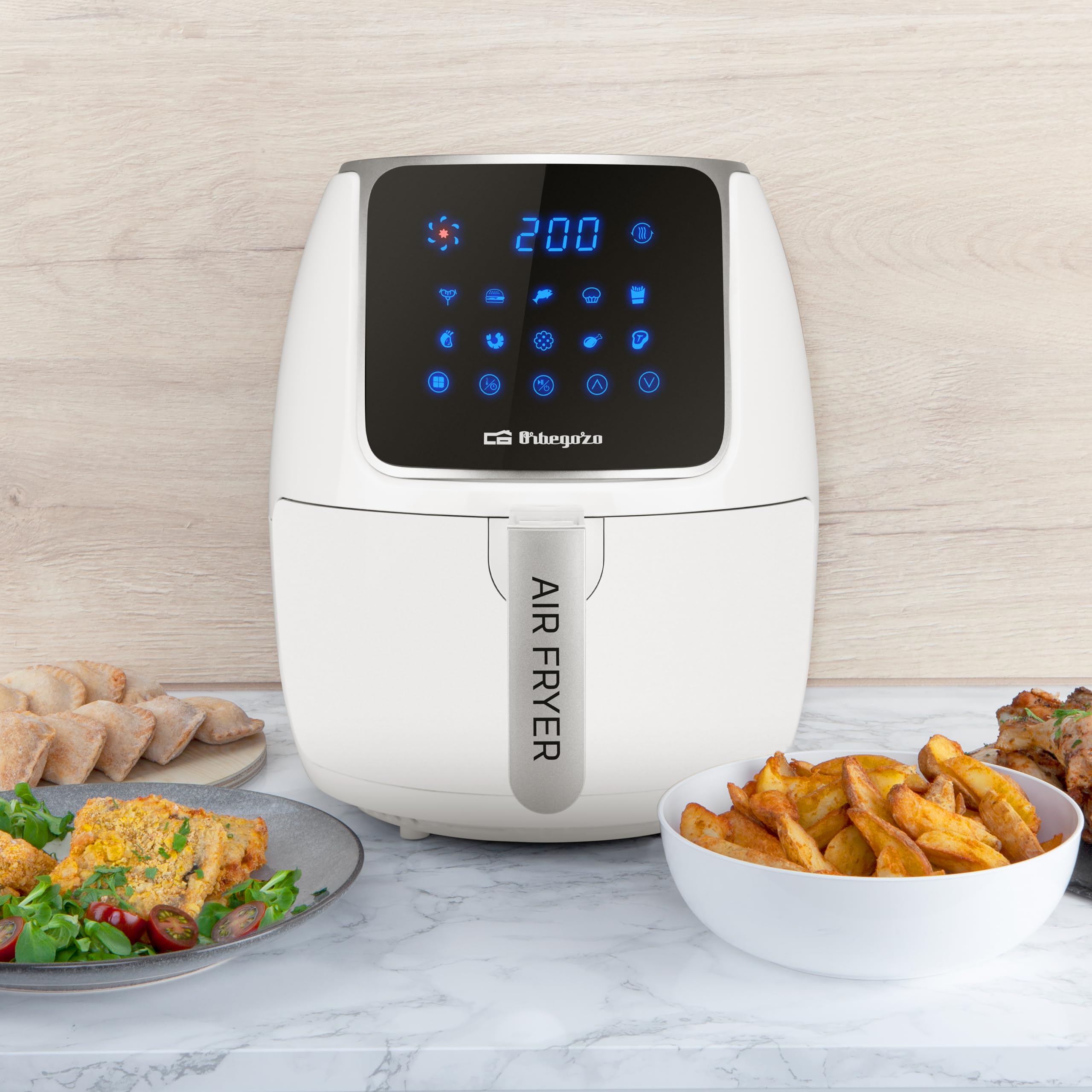 Orbegozo FDR 64 Freidora de Aire 4L, 1500W, 10 Programas, Pantalla LED Táctil, Termostato Digital hasta 200°C, Temporizador 60 min, Cubeta Extraíble Apta Lavavajillas, Sin BPA