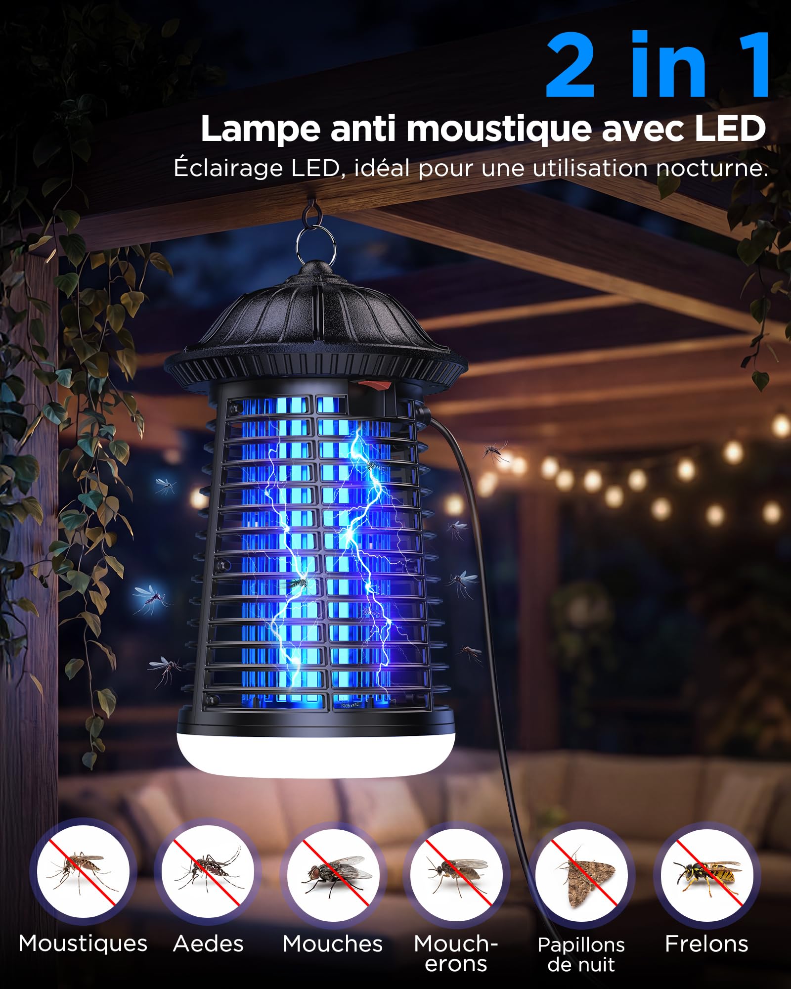 VIWAVE Lampe Anti Moustique avec éclairage LED, 15 W Piege a Mouche Puissante 4200V, Tueur d'Insectes électrique IPX4 étanche, Câble de 3m, Couverture de 150 m², pour Intérieur et Extérieur