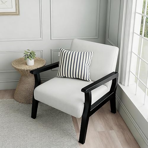 Miniatura 13 de HNY Sillón de mediados de siglo con marcos de madera, sillón tapizado de lino, para sala de estar, dormitorio, marfil Marco de madera dura natural