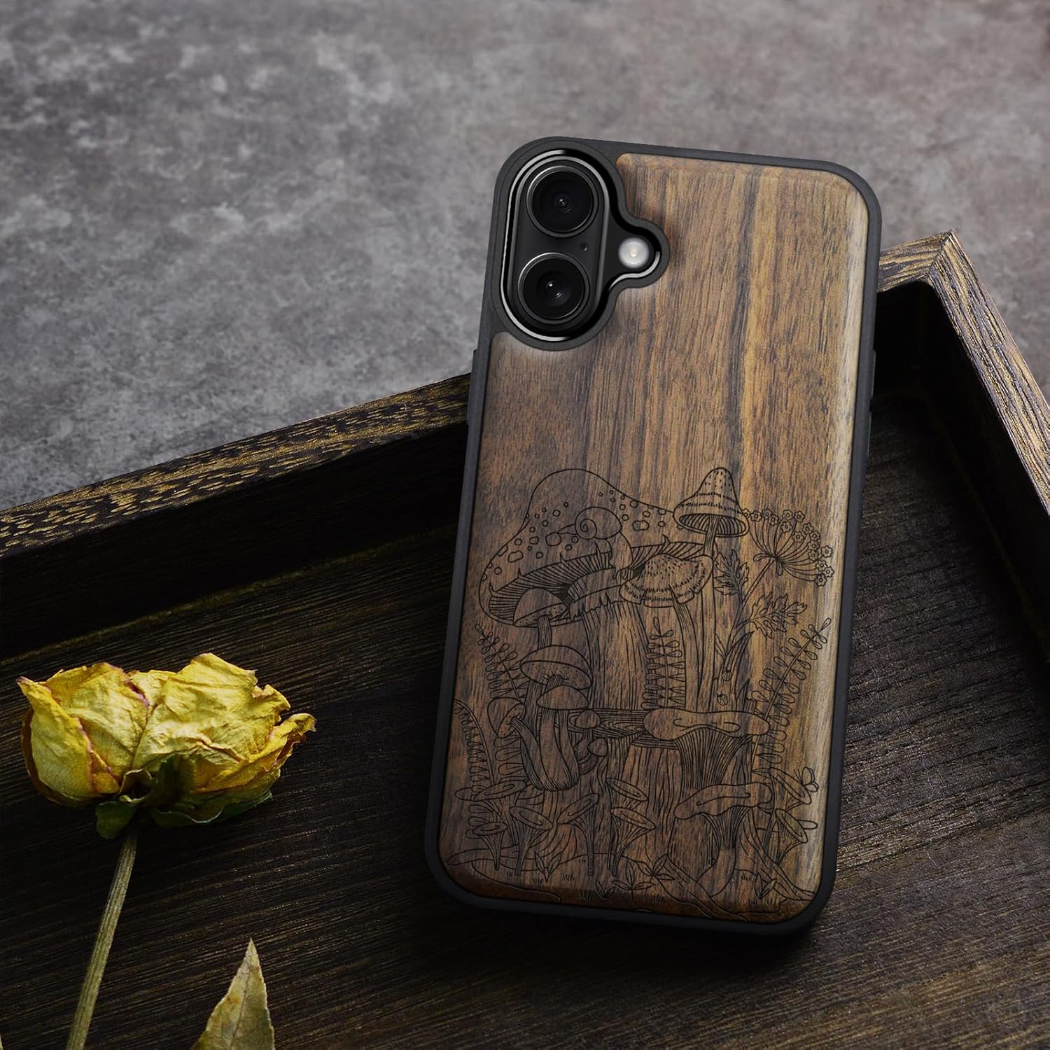 Carveit Magnetic Wooden Case for iPhone 17 Case, Wood Artisan Engraved & Black Soft TPU Shockproof Cover, Compatible with MagSafe Wireless Chargers (Vintage Mushrooms) Walnut