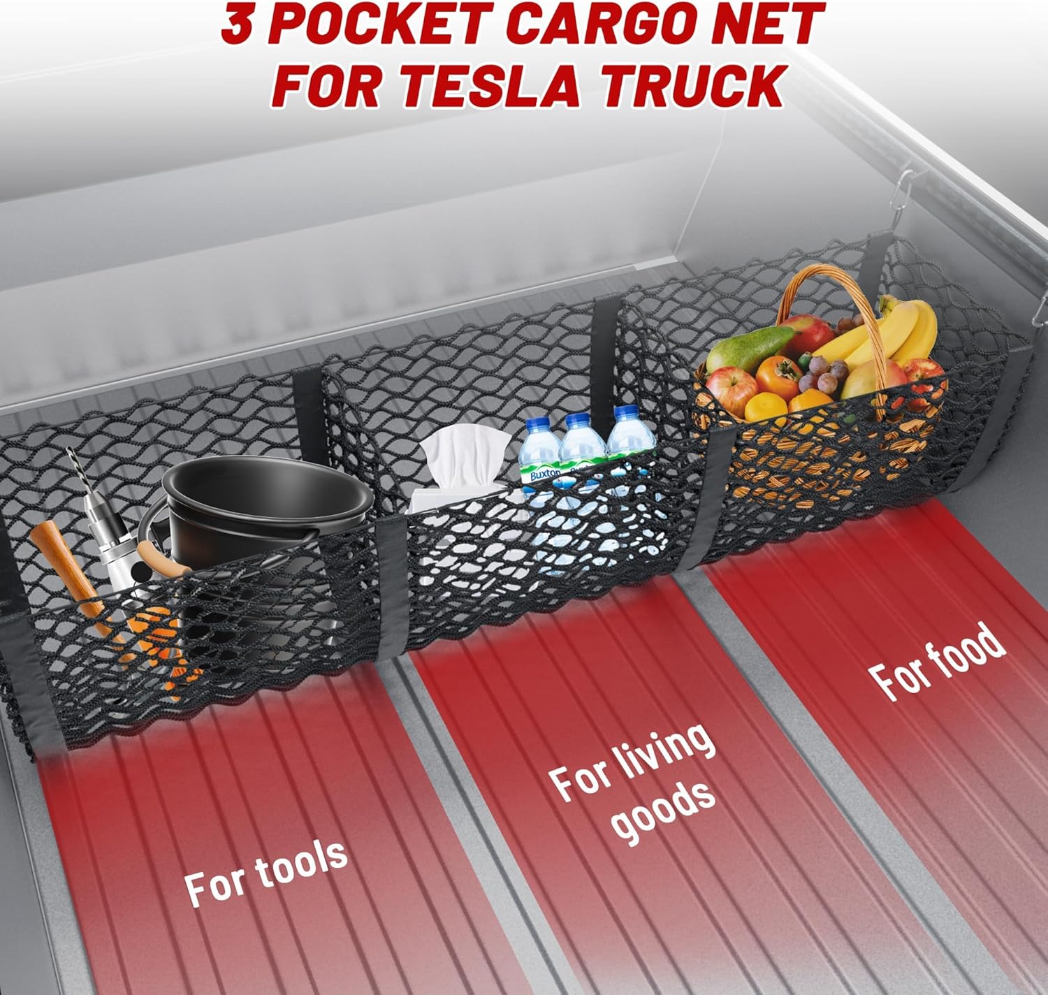 RED WOLF 3 Pocket Cargo Mesh Net for 2024-2025 Tesla Cybertruck Trunk Organizer Netting Rear Bucket Storage Net with L-Track Round Ring D-Carabiner Mounting Hook