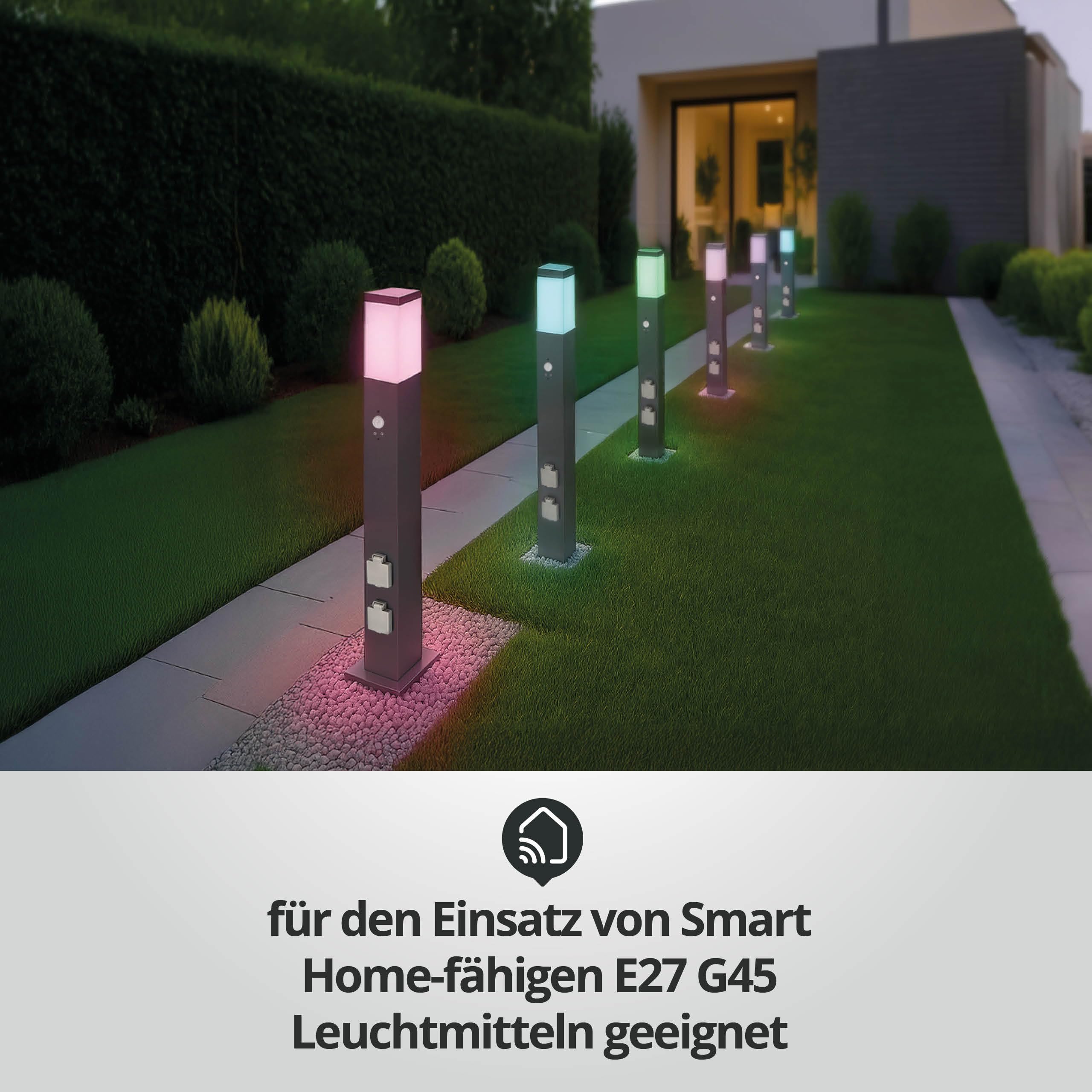 LED Universum Wegeleuchte mit 80cm Edelstahl Außenleuchte Stehleuchte Energiesäule Stromsäule Stromverteiler für den Garten Gartensteckdose (Anthrazit mit Bewegungsmelder und 2 Steckdosen)