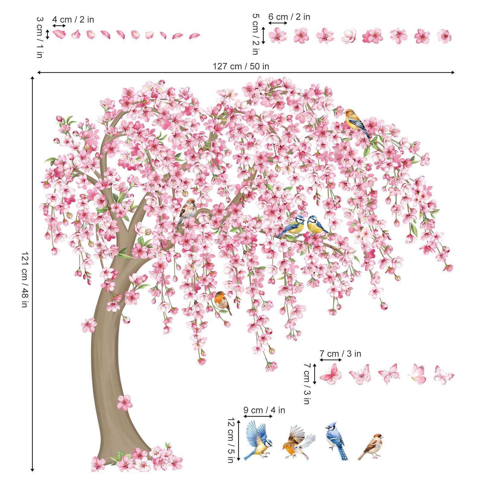 decalmile Stickers Muraux Fleurs de Cerisier Roses Autocollant Mural Grand Arbre Floral Oiseaux Décoration Murale Salon Chambre Mur TV