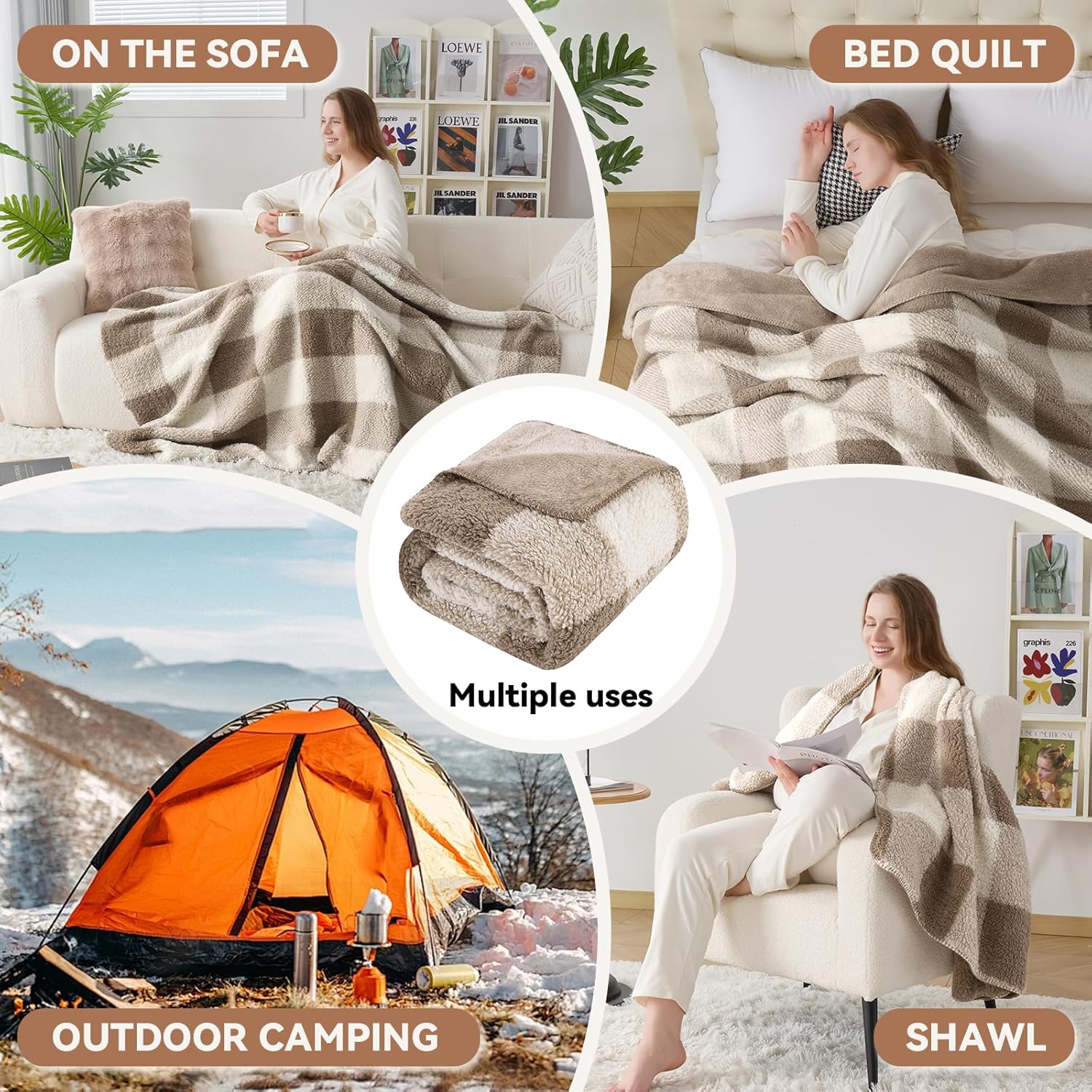 LURKA Checkered Sherpa Fleece Throw Blanket - Extra Thick and Warm Winter Soft Fuzzy Plush Blanket for Couches, Beds & Pets, Khaki, 50x60 Inches - Image 6