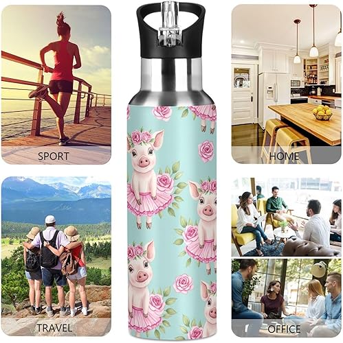 Miniatura 5 de Cute Watercolor Pigs Flower Crowns Insulated Stainless Steel Water Bottle with Straw 20 Oz Leakproof Water Bottles, BPA-Free Sports Water Bottle