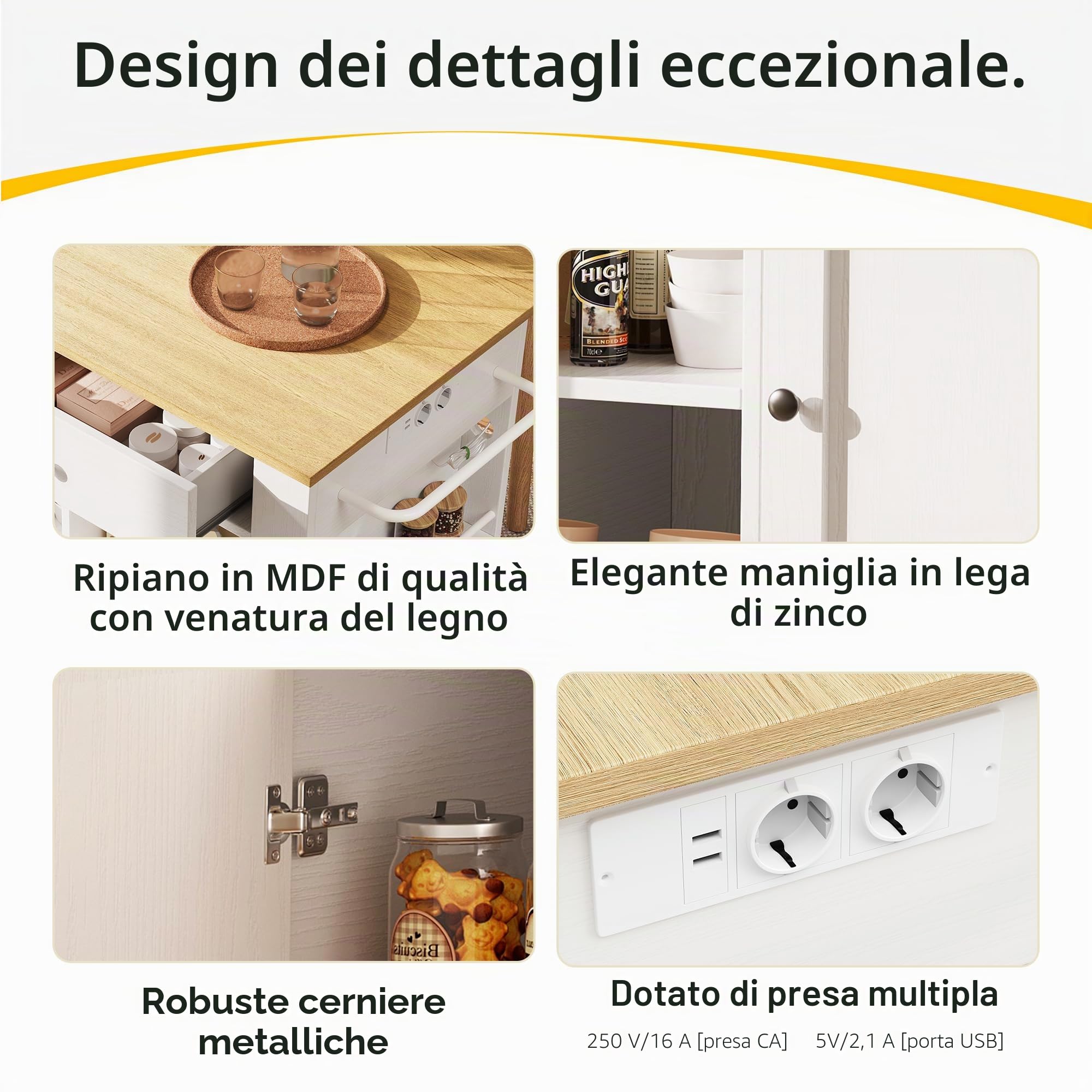 Carrello da cucina, a isola con credenza pieghevole, piano di lavoro in venature di rovere, con ciabatta attrezzata per cucina e casa (bianco, 151,5 x 84,7 x 91,7 cm)