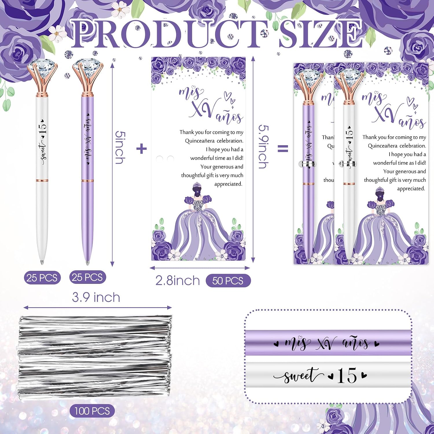 Gilprop 50 Set Quinceanera Party Favors for Guest Sweet 15 Diamond Pens Bulk Mis XV Años Fancy Ballpoint Pen with Thank You Cards and Ties 15th Birthday Thank You Gifts(Purple, White)