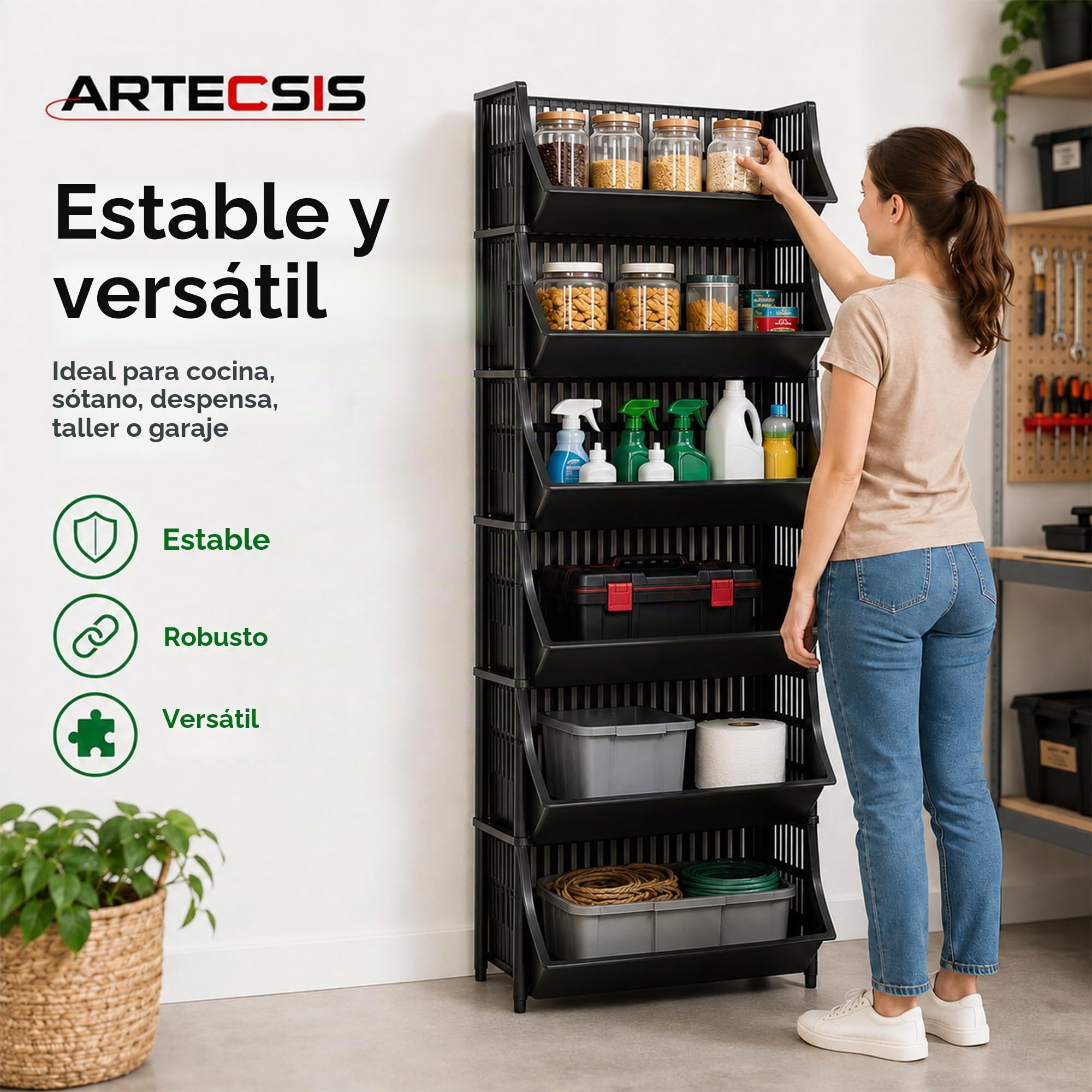 ARTECSIS Estante cestas de plástico de 6 niveles, 110 x 41 x 30 cm, color negro y almacenamiento modular