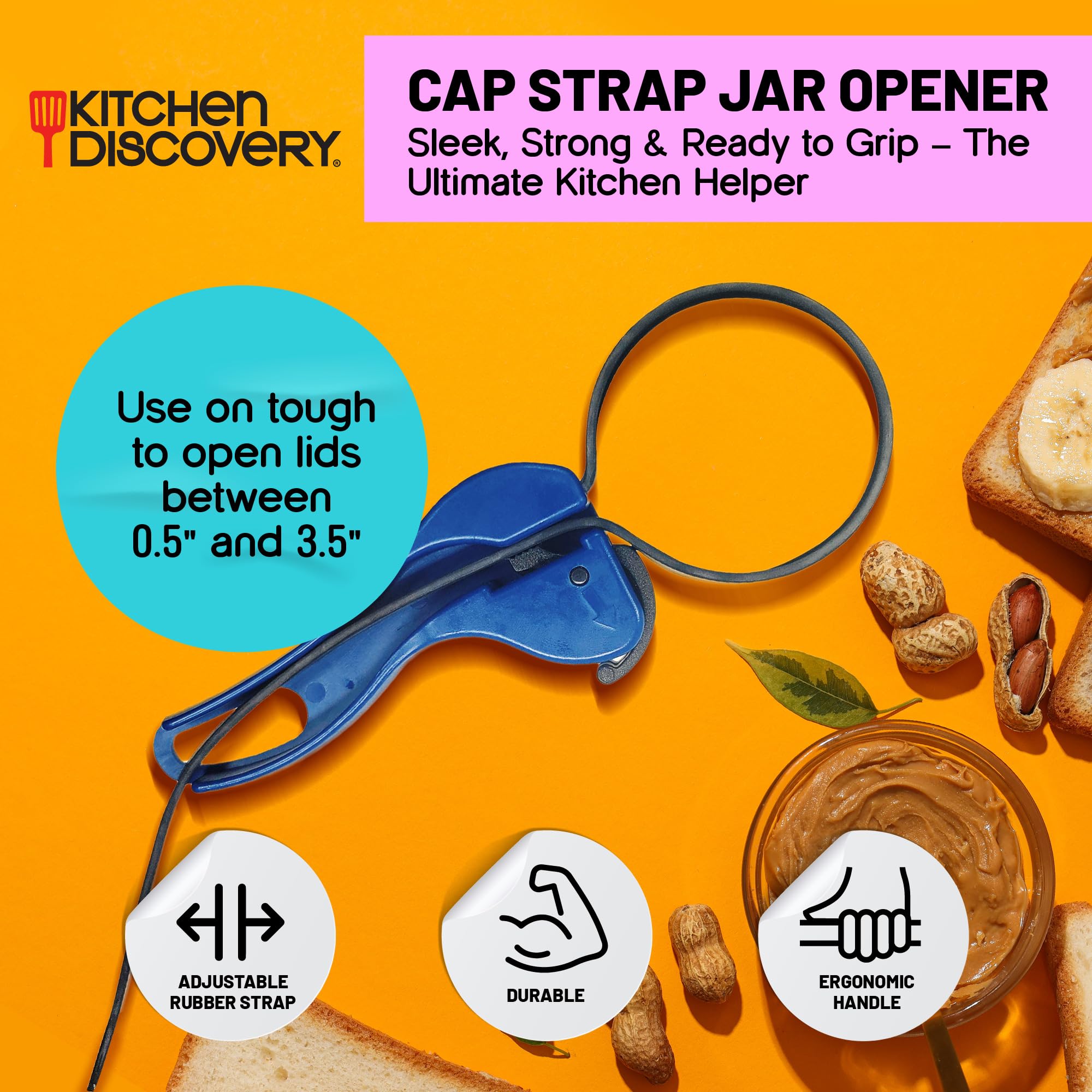 Cap Strap Jar Opener – Kitchen Discovery – Adjustable Bottle and Jar Opener for Seniors and Those with Weak Hands – Gripper Strap Loosens Lids without Straining Hands