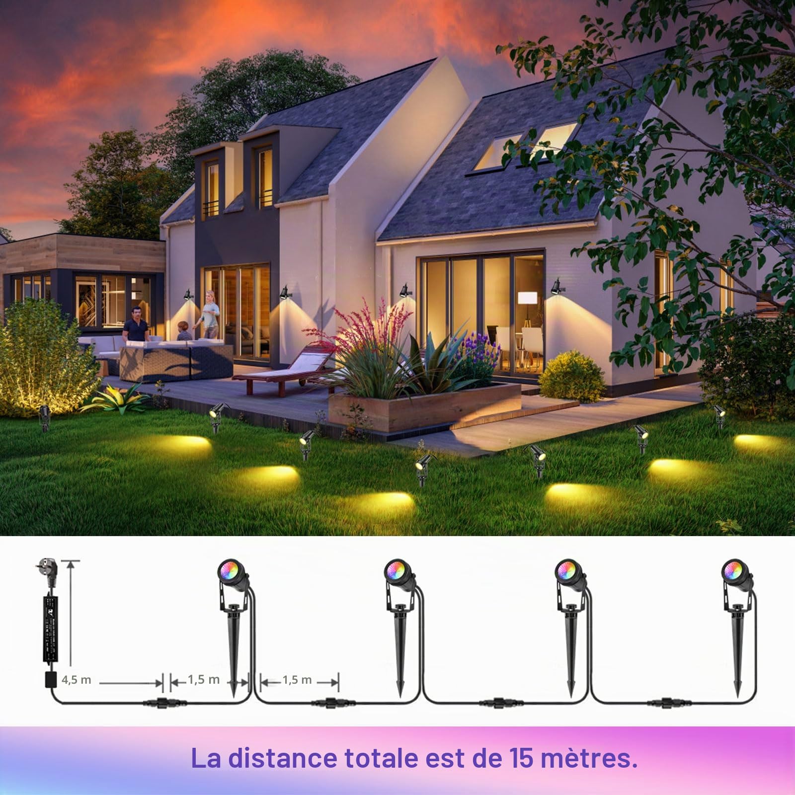 B-right RGB Spot extérieur LED, Spot de jardin, Éclairage de Jardin, 4*3W Lampe de Jardin lumière de Jardin avec câble, Lampe de jardin avec Piquet de Terre,Lampe Exterieur pour Jardin Balcon Terrasse