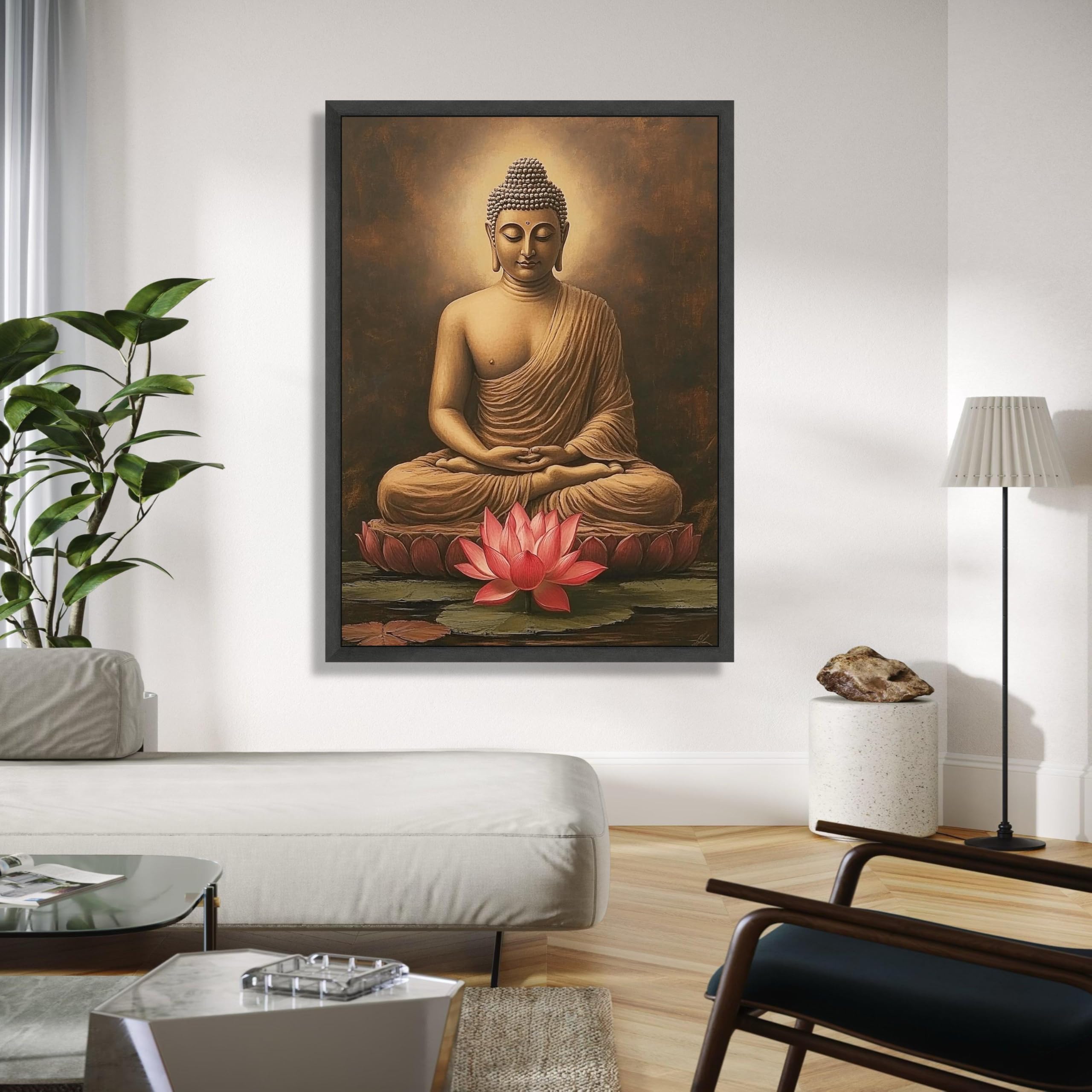 Tela raffigurante Buddha seduto in meditazione, decorazione murale con fiore di loto, arredamento spirituale per la casa, dipinto di una statua di Buddha tranquilla, stampe (70x100 cm/cornice interna)