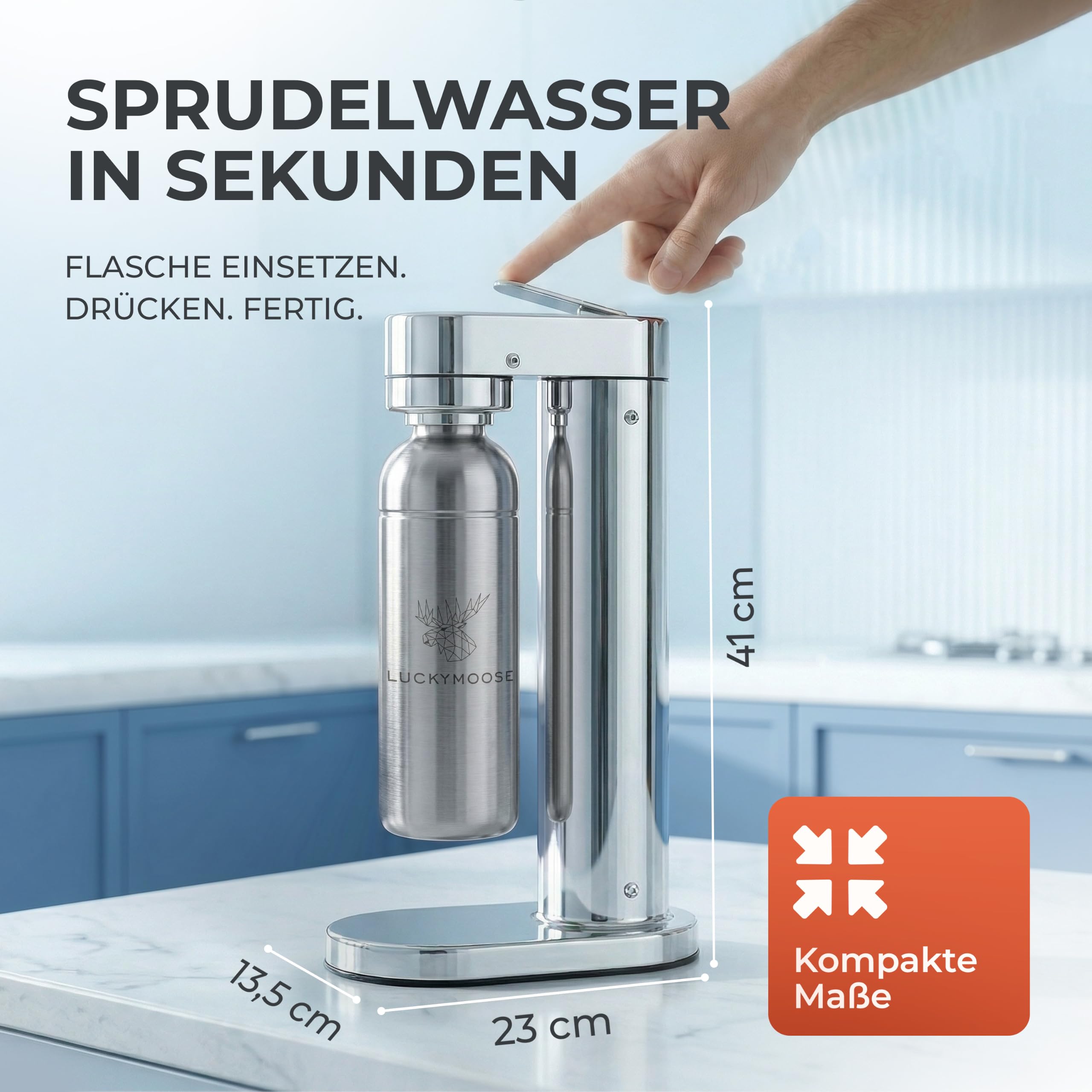 Luckymoose Infinity-S Wassersprudler aus hochwertigem Edelstahl (Silver/Silver) – inkl. 2x 1,25L Edelstahlflaschen – extra hygienische herausnehmbare Düse – Langlebige CO₂ Sprudelwasser Maschine