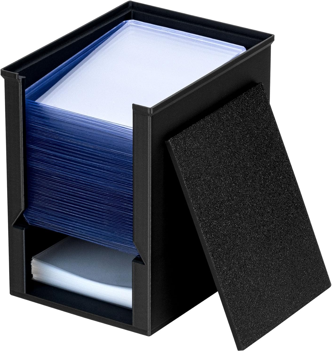 Toploader Dispenser & Penny Sleeve Holder - Dual Compartment Holds 250 Penny Sleeves & up to 50 Top Loaders, Stackable Card Storage Box with Dustproof Lid (Black)