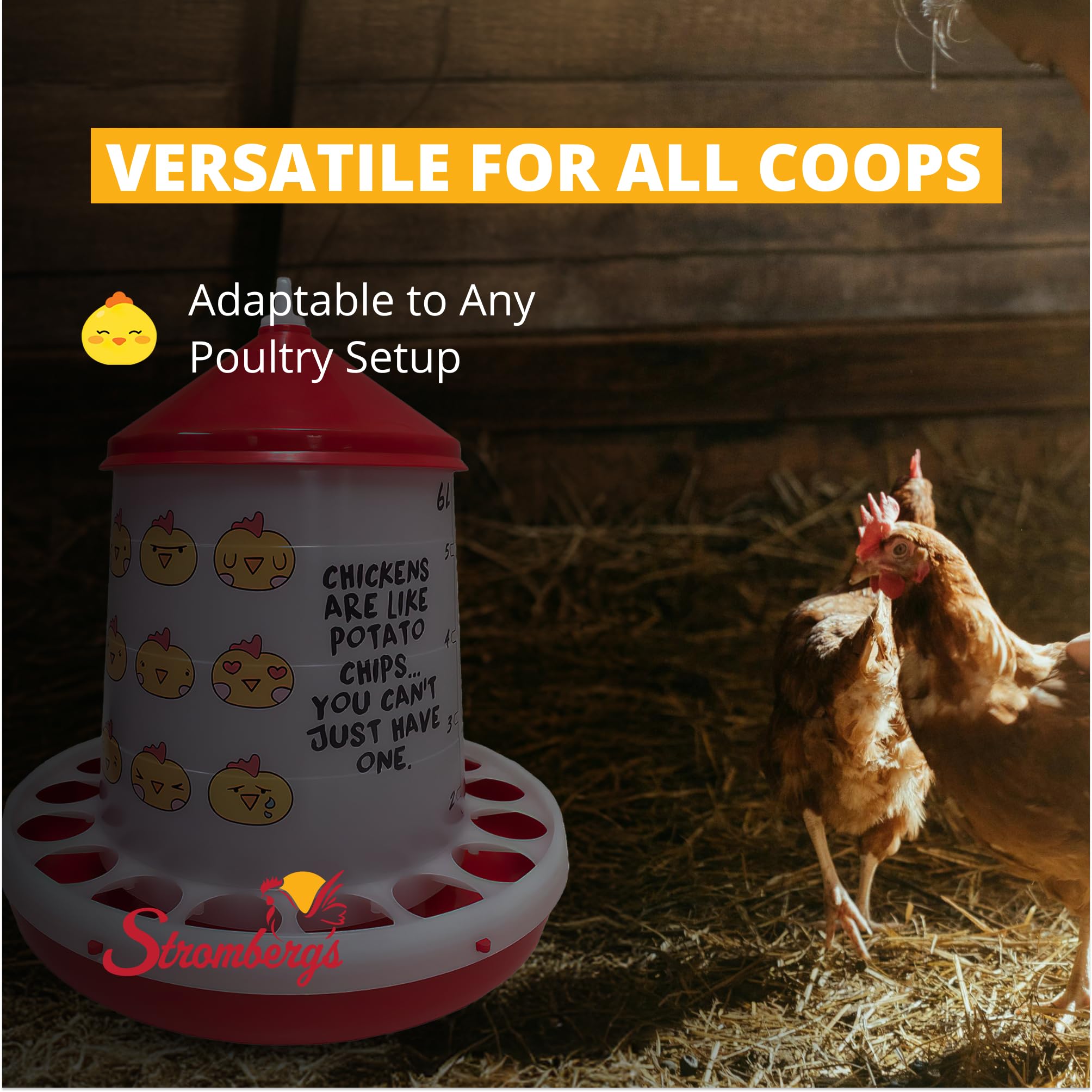 Stromberg's Comedero para aves de corral de emoji de pollo, 9 libras, plástico translúcido, fácil monitoreo del nivel de alimentos, diseño duradero, tapa extraíble, divertida configuración de aves de