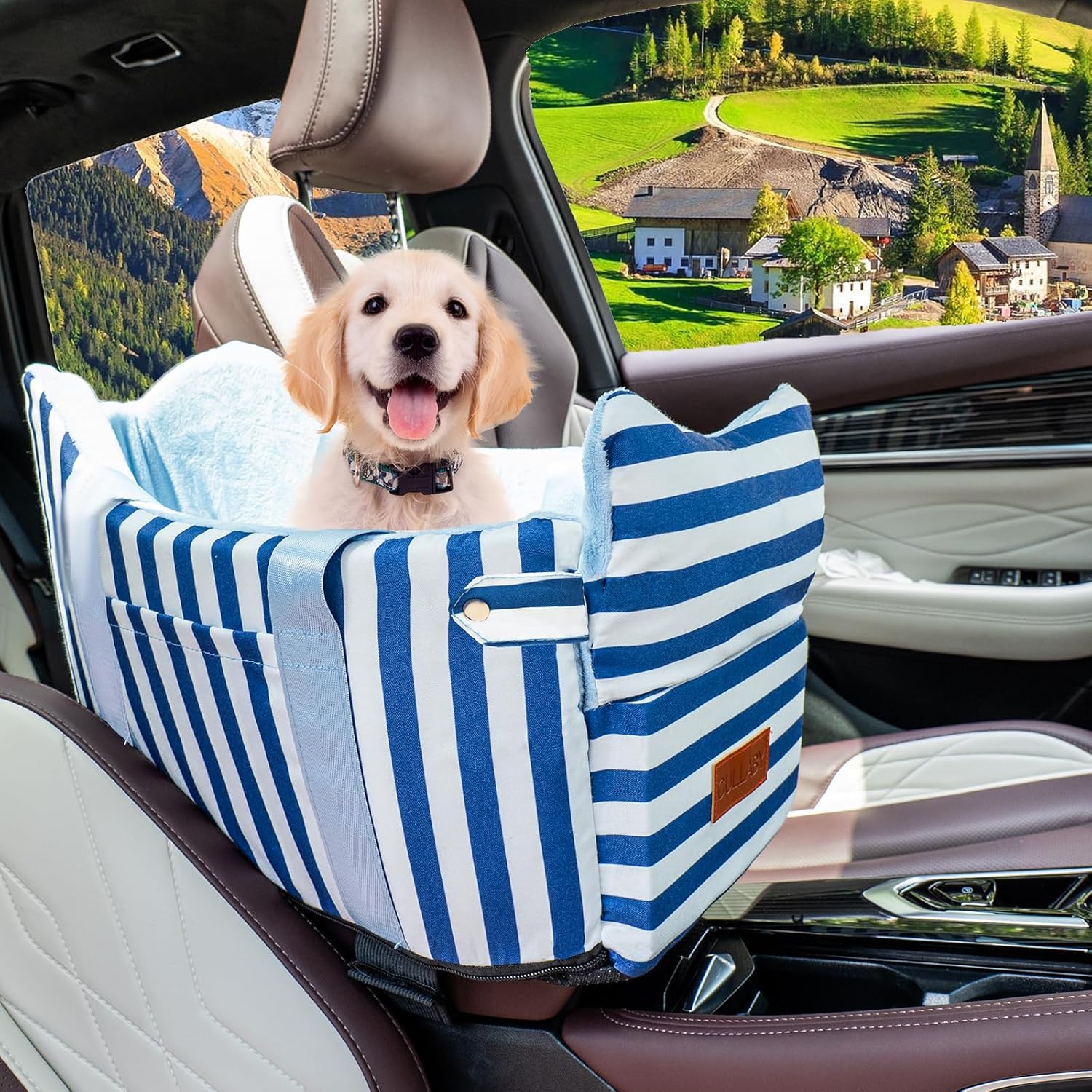 Cullaby Console Dog Seat | Anti-Collapse Armrest Booster for Small Dogs & Puppies - Secure Travel Carrier with Safety Clip-in Tether & Washable Cozy Cushion Pad - Up to 15 lbs