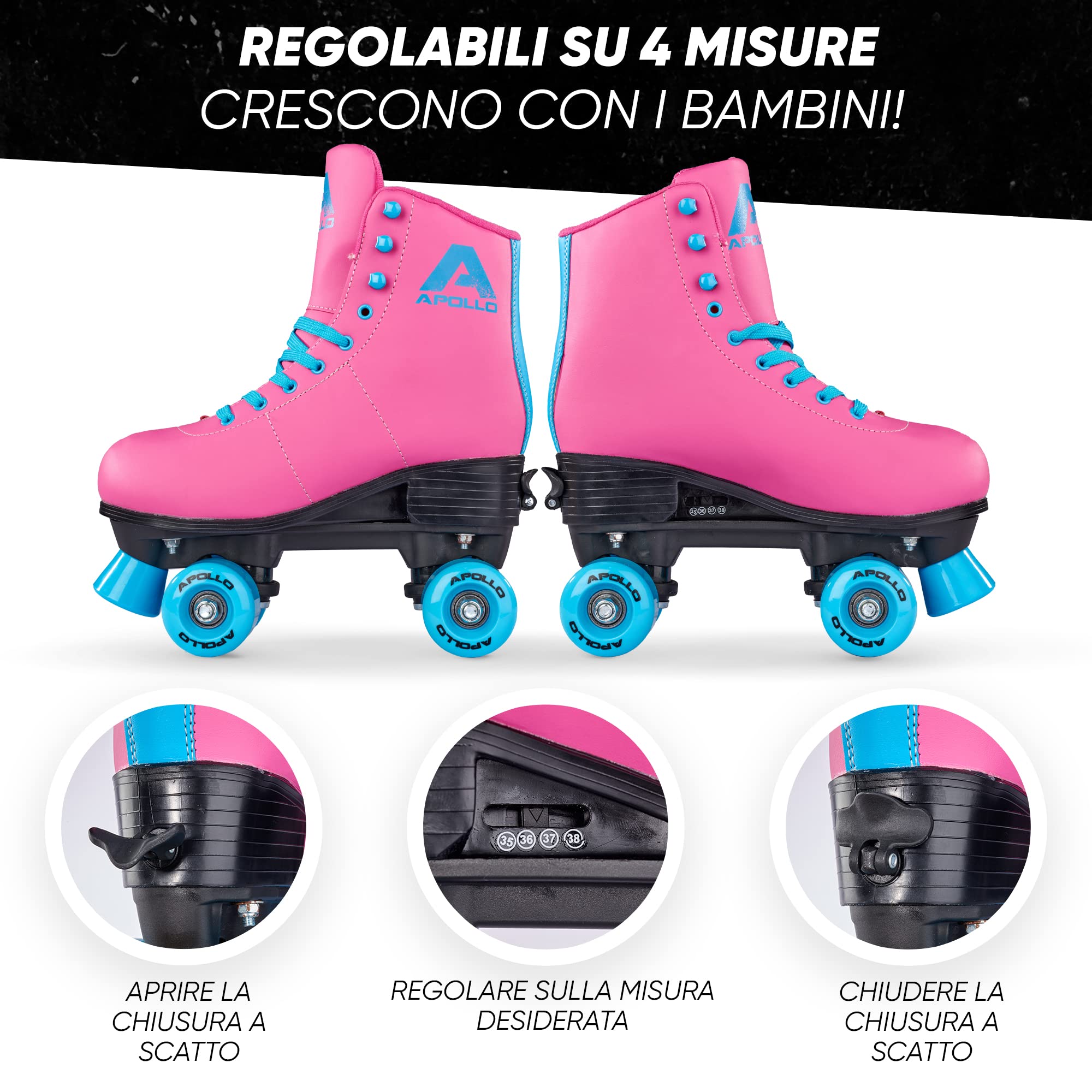 Apollo Pattini a Rotelle Super Quad X Pro | Regolabili per Bambini e Ragazzi | Taglia 31-42