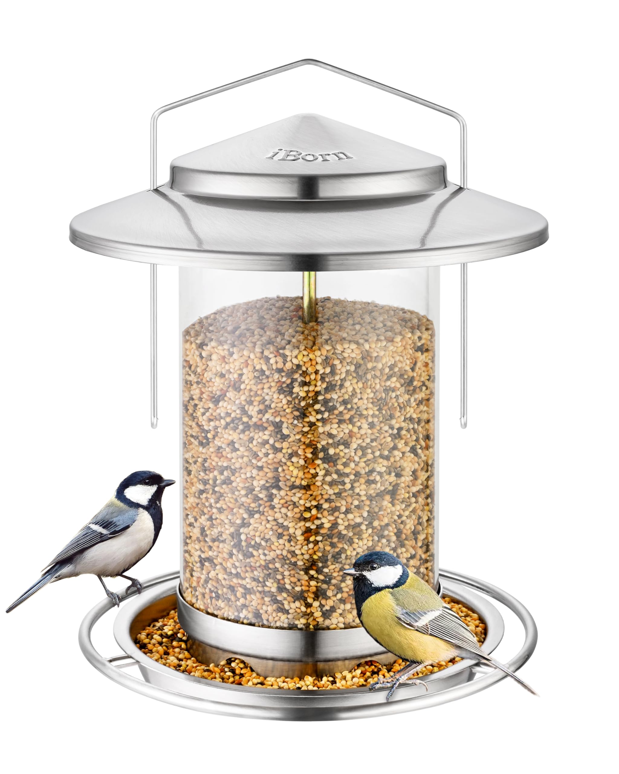 iBorn Comedero de metal para pájaros para colgar en el exterior, comederos de pájaros silvestres para cardenal, techo grande de 18 cm y bandeja de níquel, 6 puertos (semillas no incluidas)