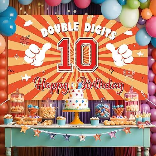 Miniatura 4 de Decoraciones de cumpleaños número 10 para niñas y niños, pancarta de fondo de feliz cumpleaños número 10, color rojo, doble dígito para fiesta de