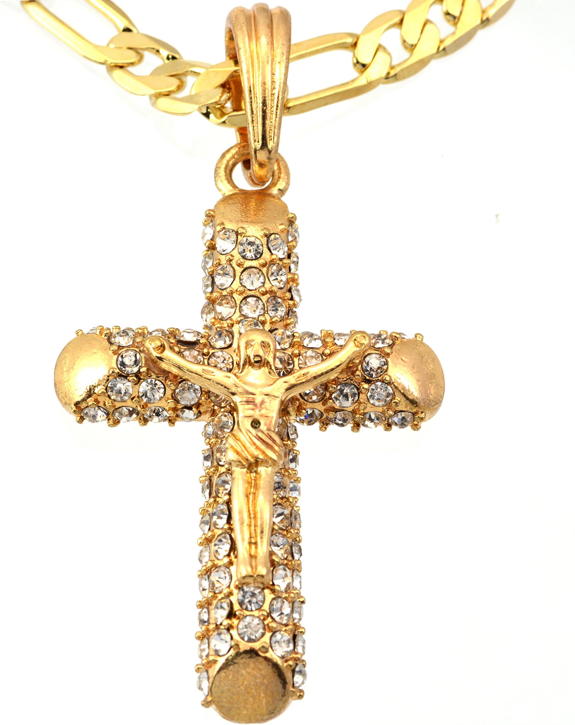 Gold Plated Cross 24 inch Figaro Chain Crucifix with Clear Crystal Stones Smooth Ends Necklace 660