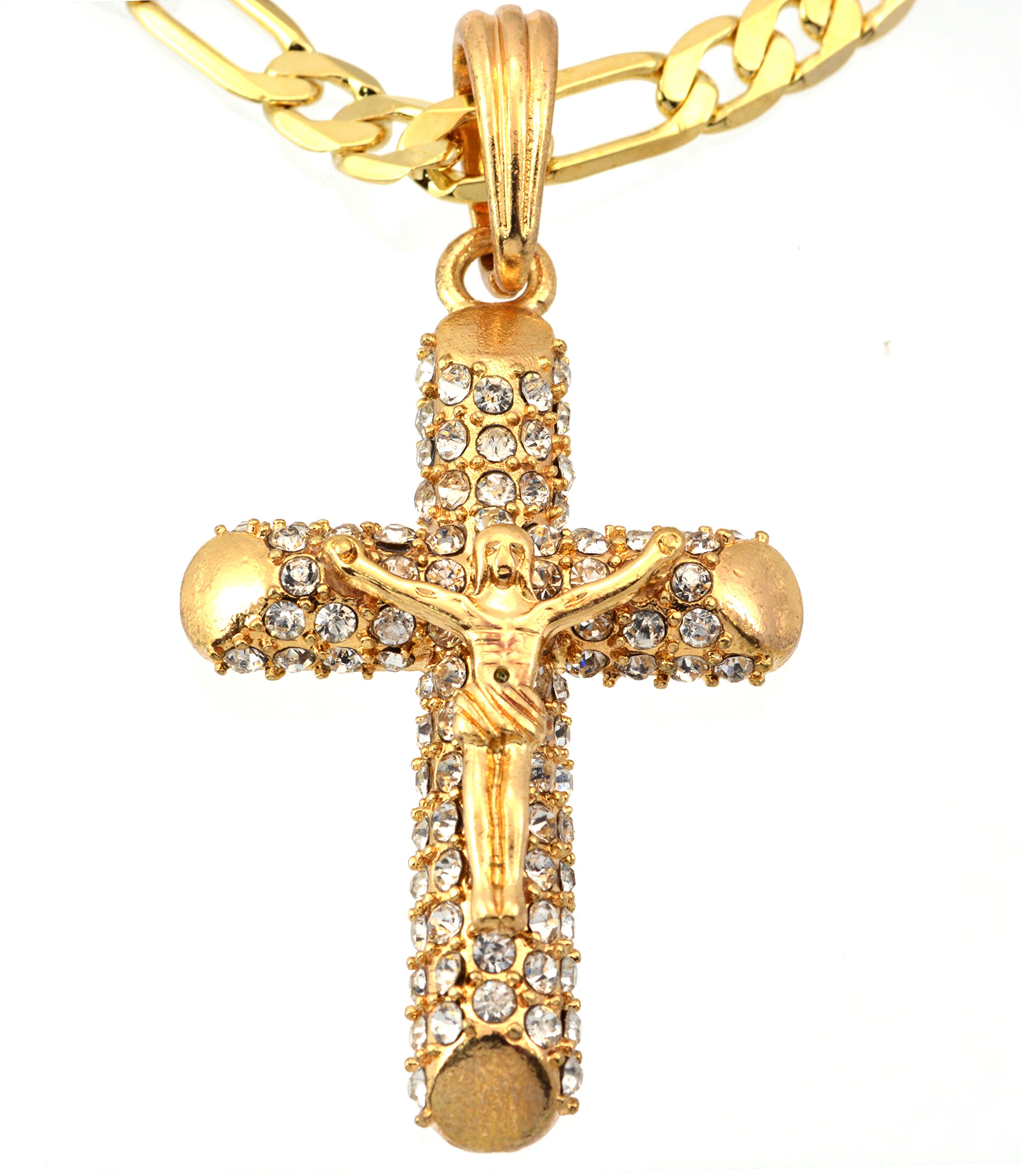 Gold Plated Cross 24 inch Figaro Chain Crucifix with Clear Crystal Stones Smooth Ends Necklace 660