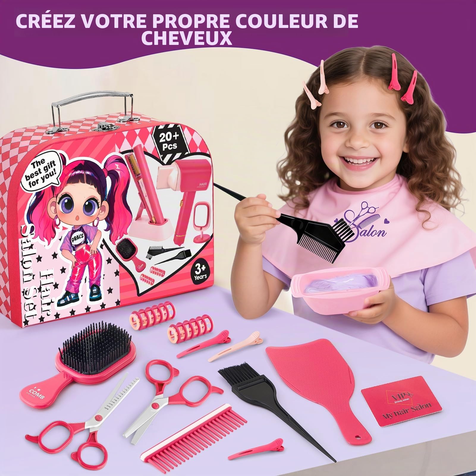 Toylink Coiffure et Maquillage Enfant Fille, Jouet avec Sèche-Cheveux, Lisseur, Miroir, Peigne, Ciseaux et Malette, Accessoires de Coiffure Beauté Cadeau pour Fille 3 4 5 6 7 8 Ans