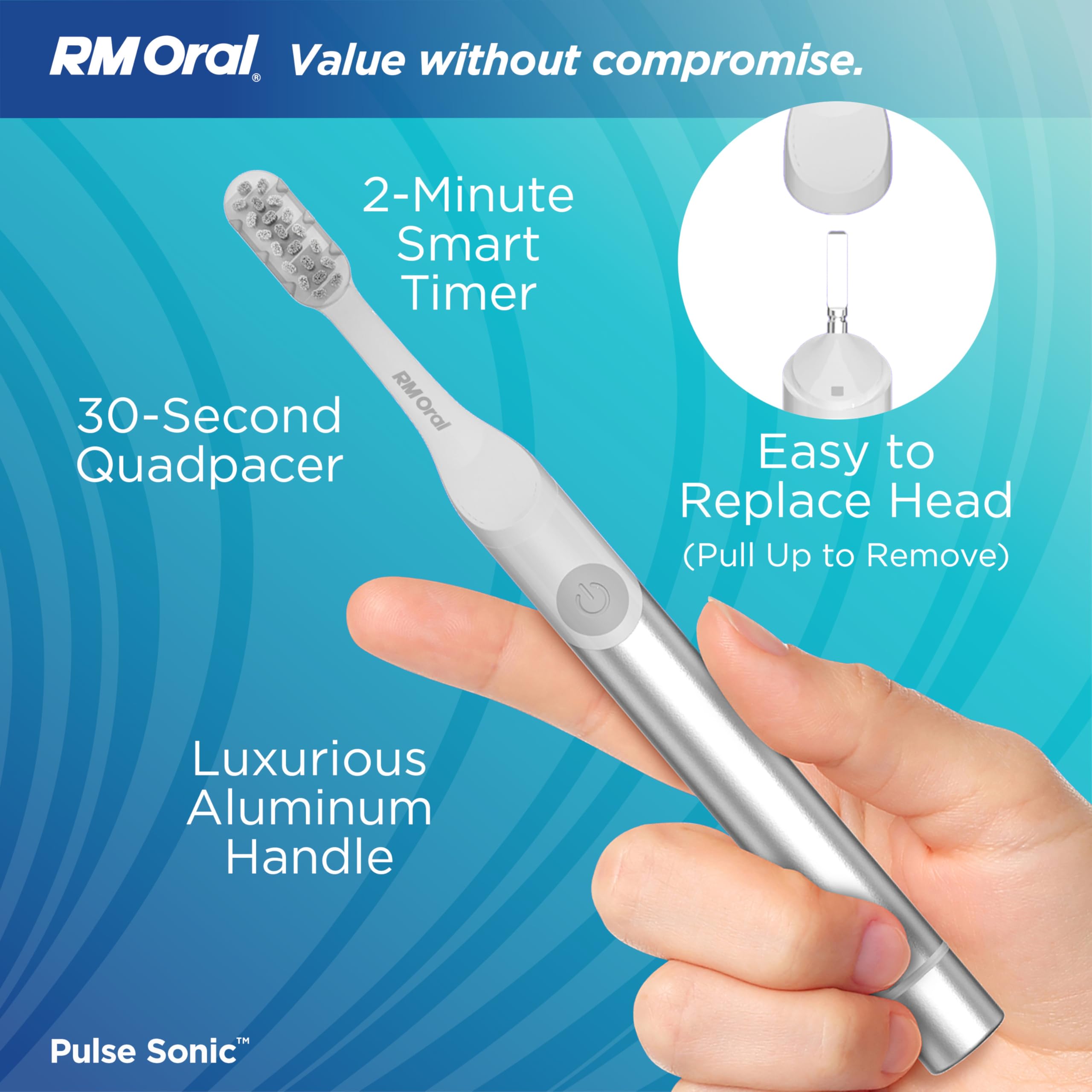 RM Oral Pulse Sonic - Cepillo de dientes con 48.000 vibraciones sónicas, mango de metal, cerdas suaves, estuche de viaje, 2 modos para blanqueamiento y eliminación de placa, temporizador inteligente