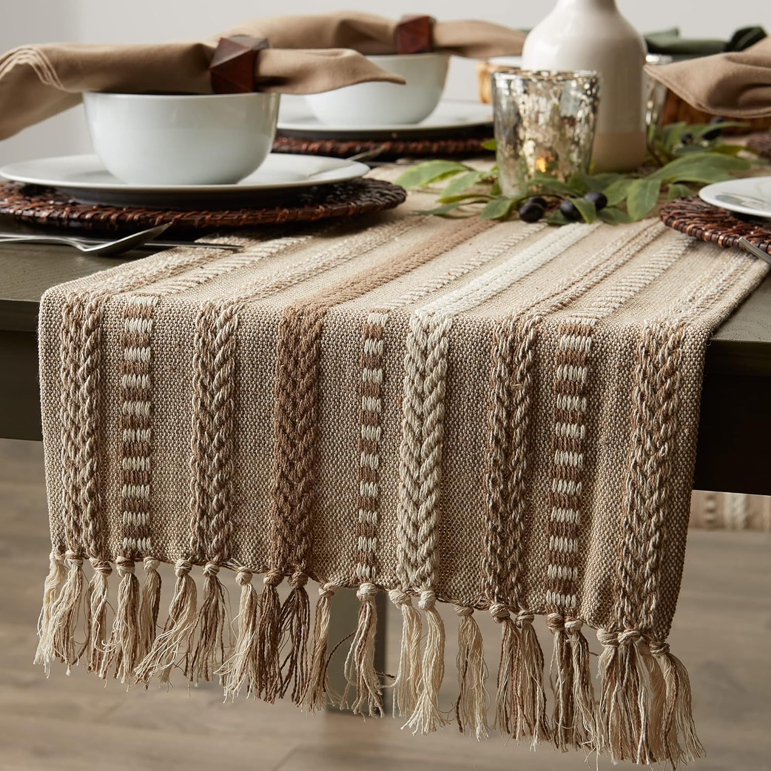 Premium Cotton Table Runner 14x72 Inch for Dining Table | Woven Striped Design with Tassels | Long Rectangular Table Runner for Home Décor, Kitchen & Center Table (Beige)-image-24